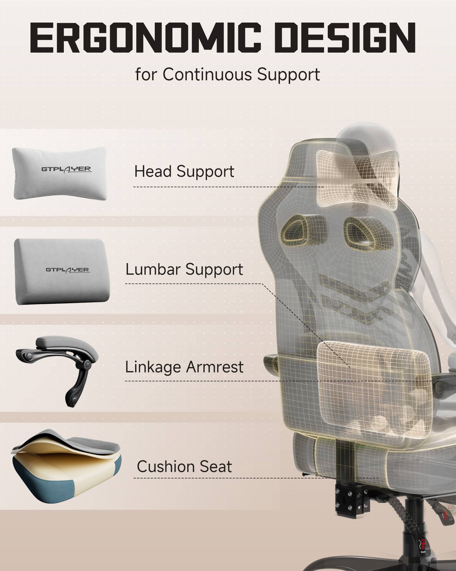 ERGONOMIC DESIGN for Continuous Support

- Head Support
- Lumbar Support
- Linkage Armrest
- Cushion Seat