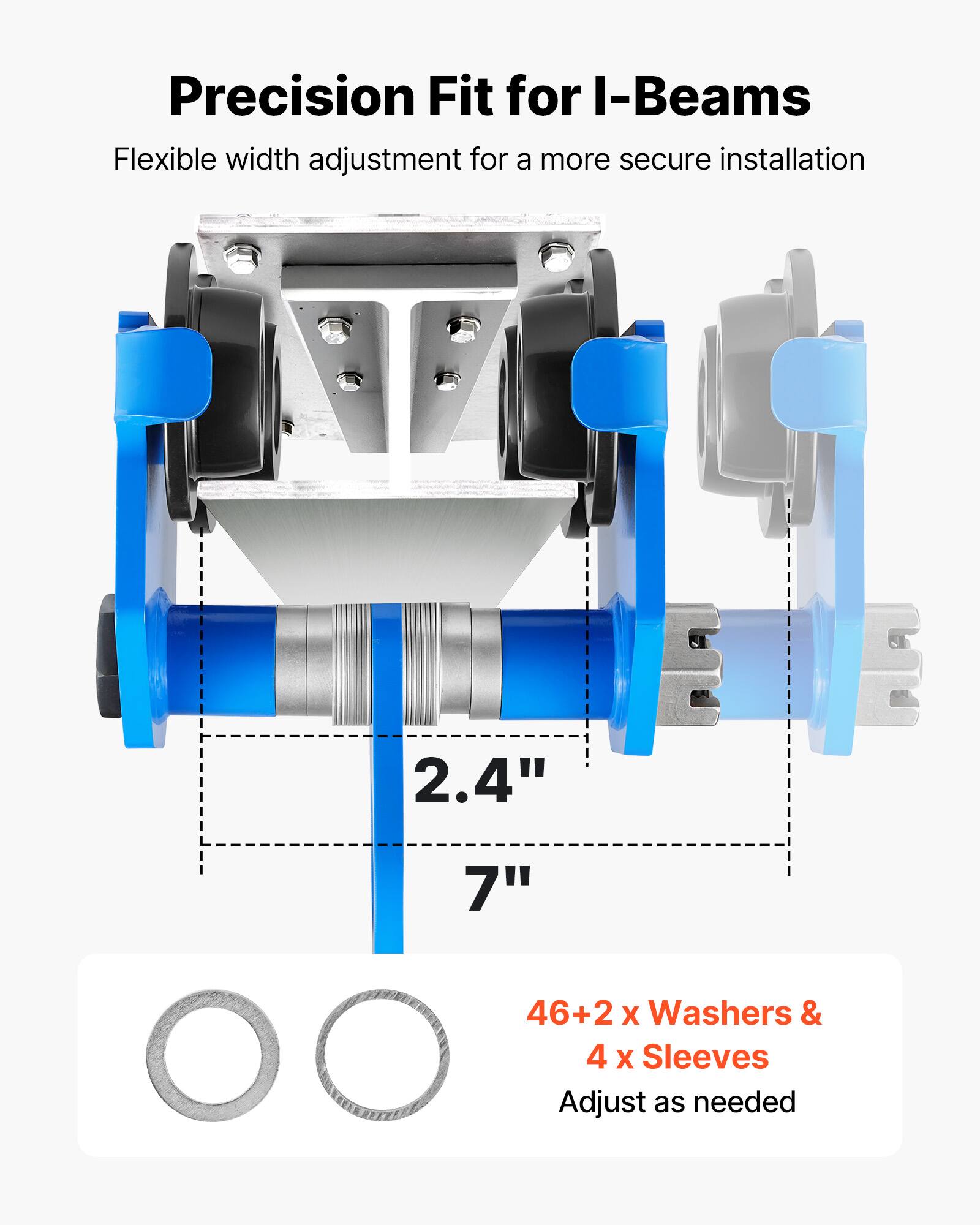 Precision Fit for I-Beams  
Flexible width adjustment for a more secure installation  
2.4" 7"  
46+2 x Washers & 4 x Sleeves  
Adjust as needed
