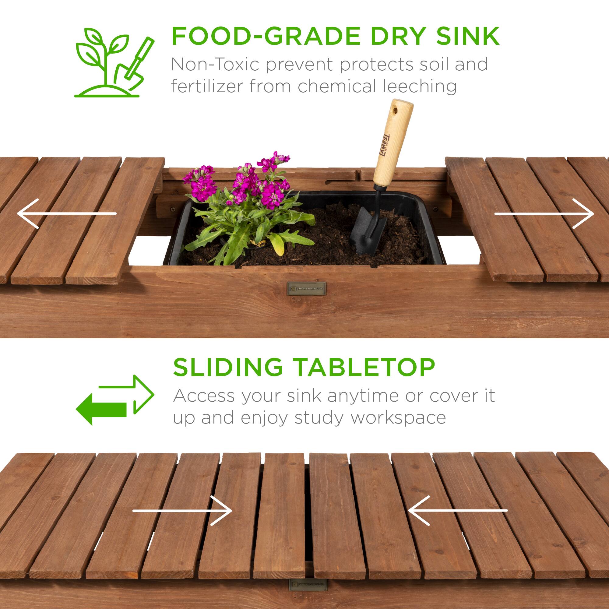 **FOOD-GRADE DRY SINK**  
Non-Toxic prevent protects soil and fertilizer from chemical leeching

**SLIDING TABLETOP**  
Access your sink anytime or cover it up and enjoy study workspace
