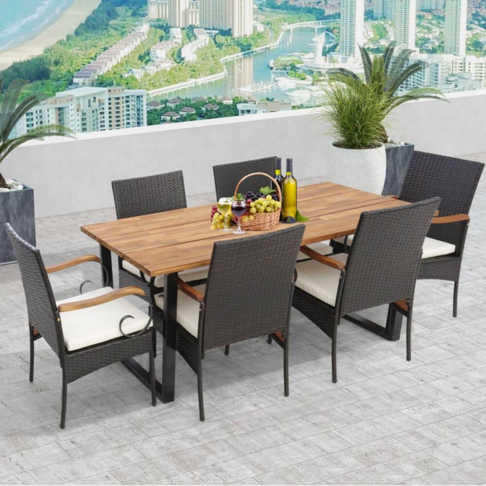 Angle. Mondawe - 7 Pieces Rattan Patio Dining Set with Umbrella Hole - Mix Brown.