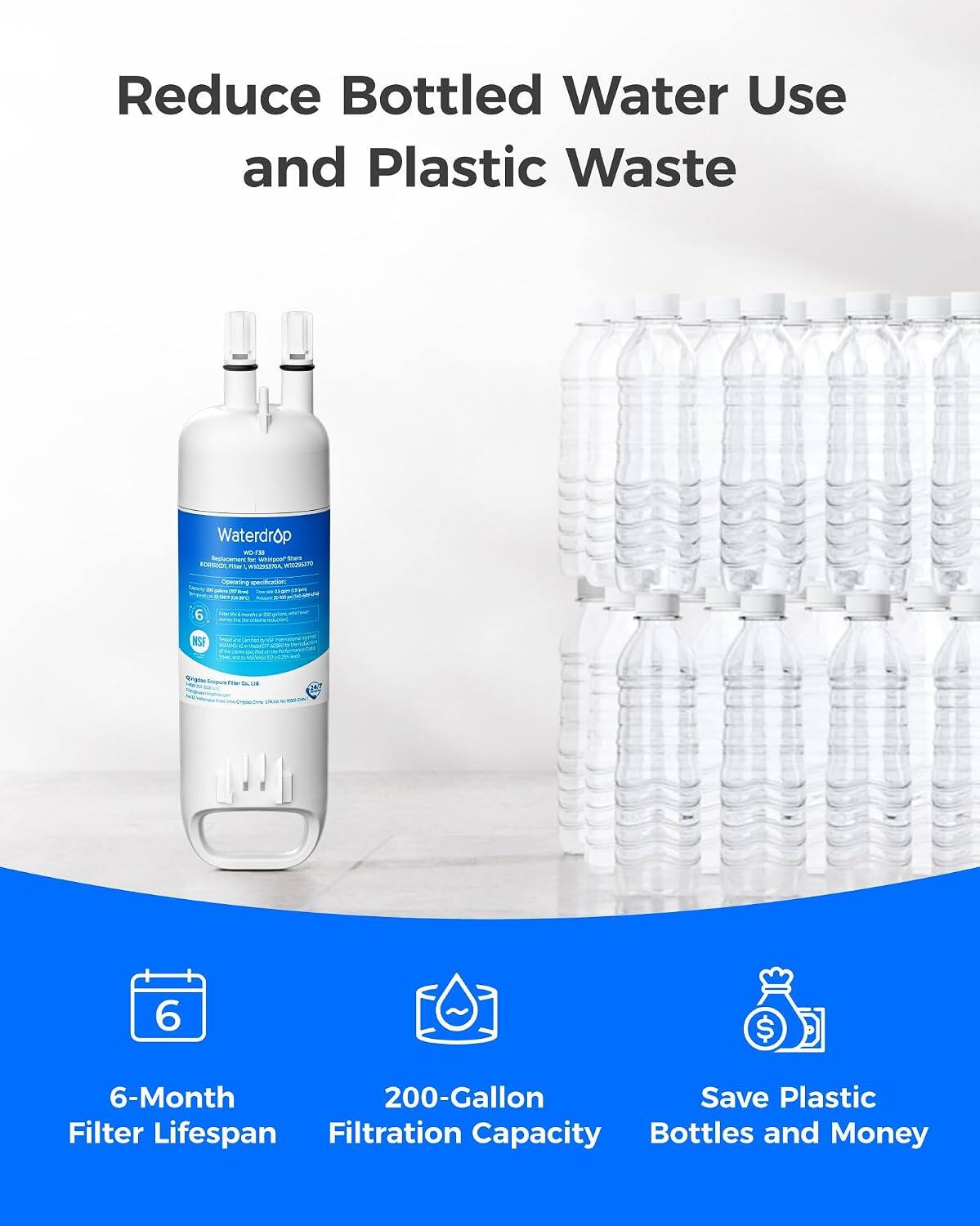 Reduce Bottled Water Use and Plastic Waste

Waterdrop WO-F1000 Filter Replacement

Operating specification: 70 kml lignish SALMITE

6

NSF

- AND

Quipo

UM

pausa

6

6-Month 200-Gallon Save Plastic Filter Lifespan Filtration Capacity Bottles and Money
