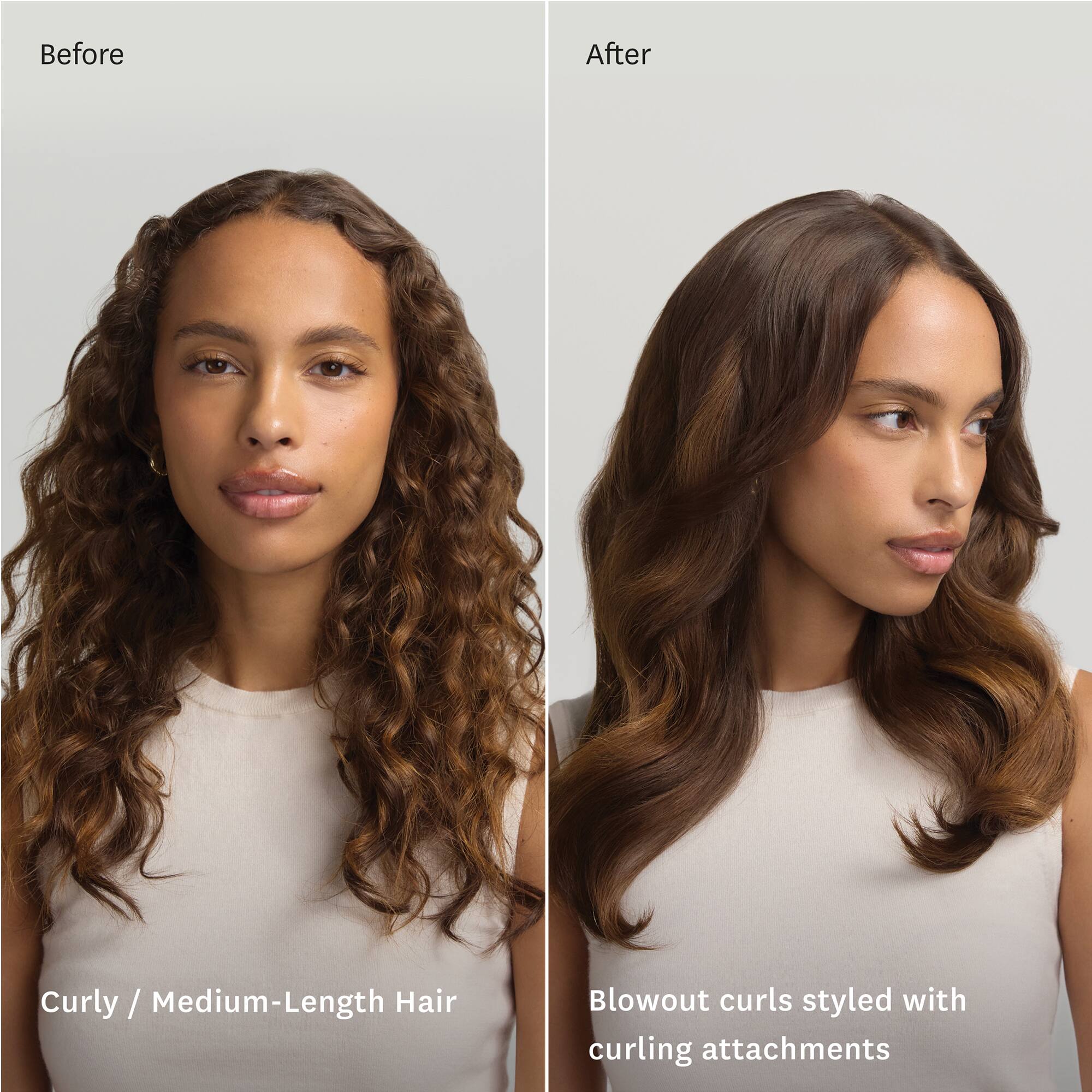 Before After

Curly / Medium-Length Hair

Blowout curls styled with curling attachments