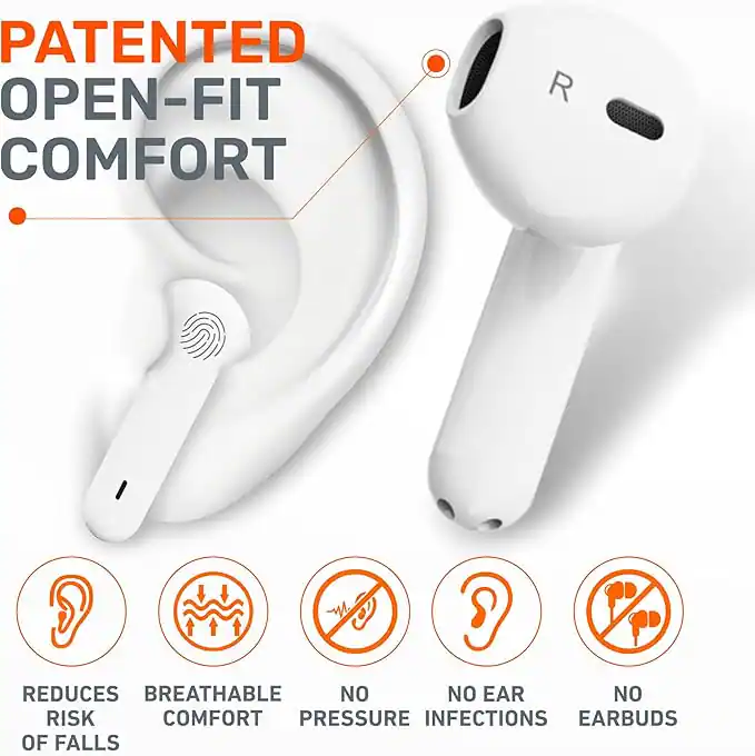 PATENTED OPEN-FIT COMFORT

- REDUCES RISK OF FALLS
- BREATHABLE COMFORT
- NO PRESSURE
- NO EAR INFECTIONS
- NO EARBUDS