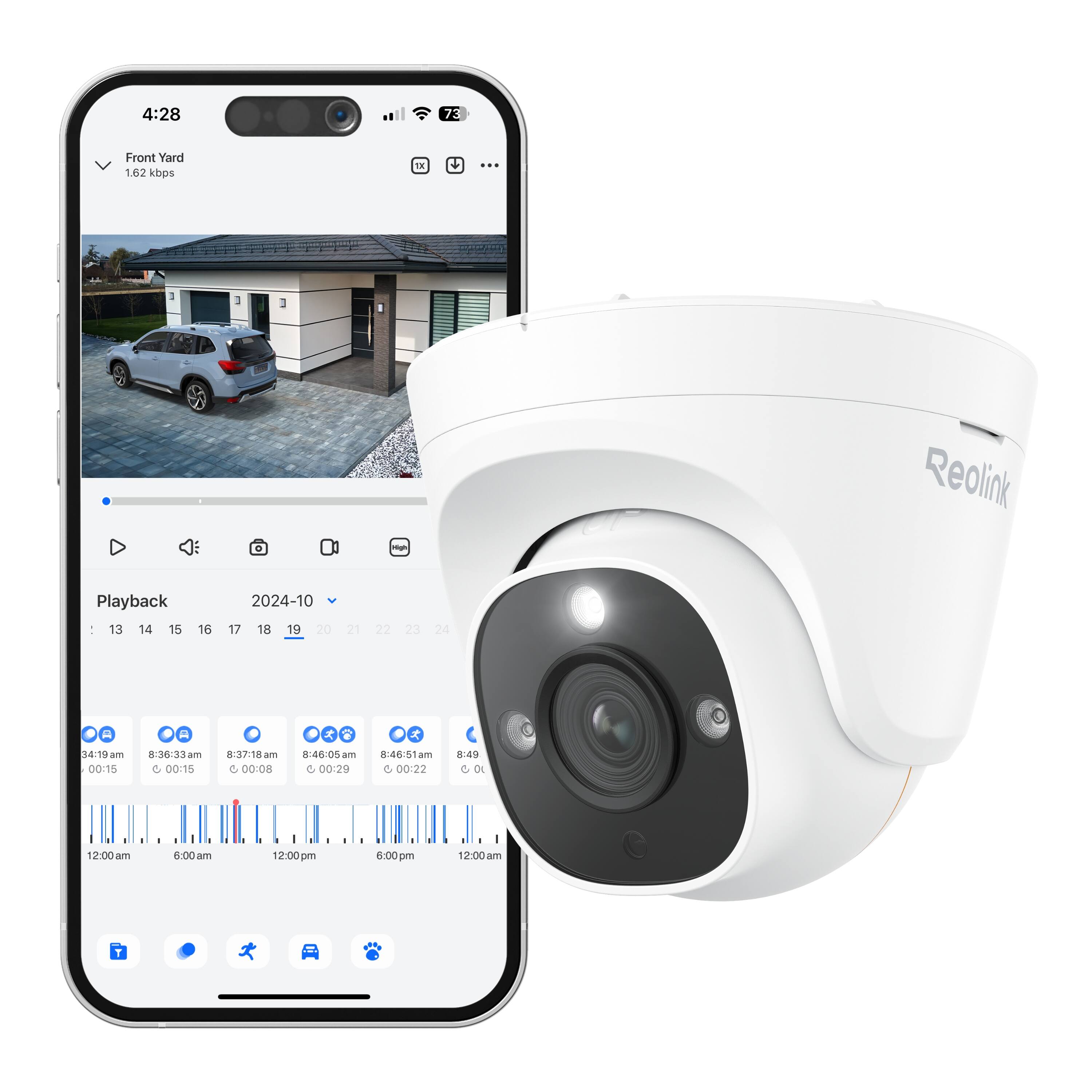 4:28 73 Front Yard 1.62 kbps TE + ... m Reolink Playback I 13 14 15 16 2024-10 17 18 19 20 21 22 23 24 34:19 ame 00:15 8-38:33 ame C 00:16 8:37:18 are O0-08 846:005 a.. 00:29 8:48:51 1 00:22 8:4 0 12:00 am 8:00 am 12:00 pm 6:00pm pm 12:00 are