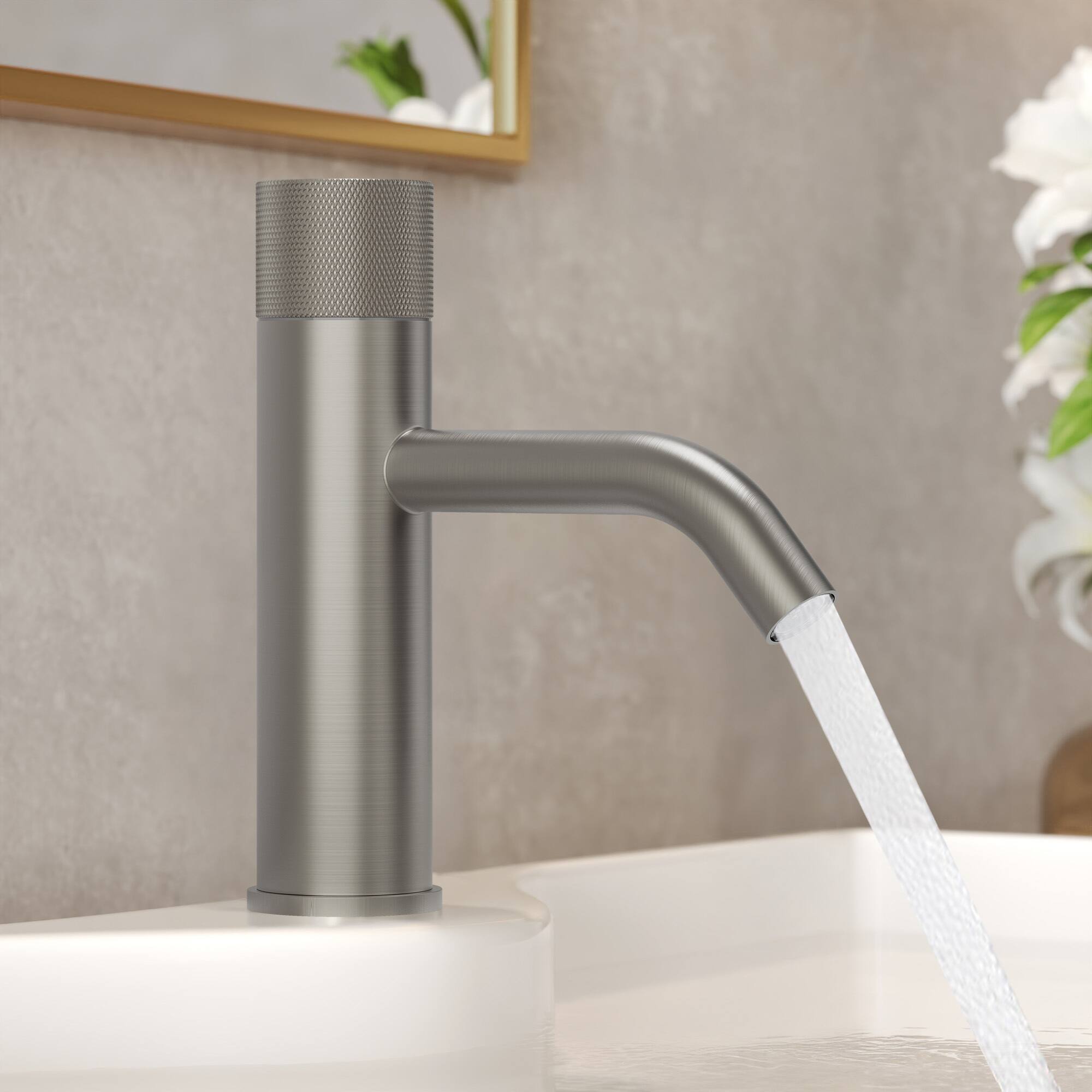 Left. GRANDJOY - Low-Arc Single Handle Bathroom Sink Faucet with Knurled Texture and Pop-Up Drain Assembly - Brushed Nickel.