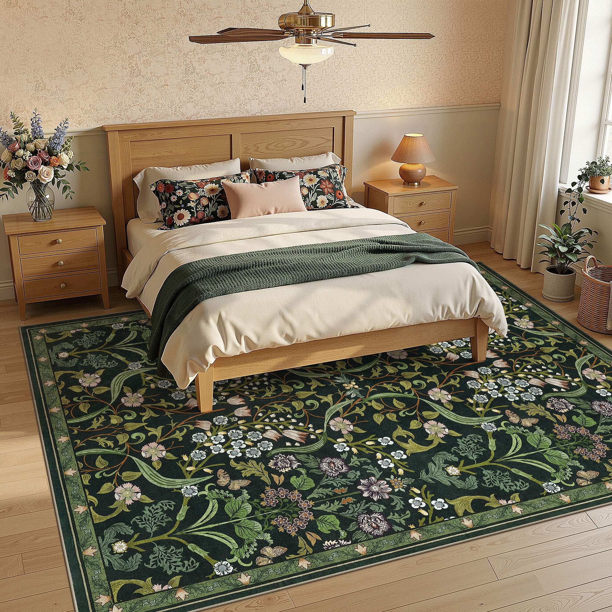 Angle. Yardgrace - 6' x 9' ft Farmhouse Floral Area Rug Washable with Non-Slip for Playroom Living Room Bedroom - Green.