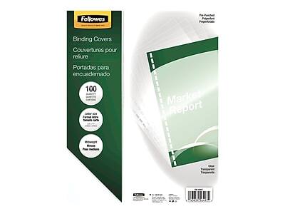 Fellowes Binding Covers  
Couvertures pour reliure  
Portadas para encuadernado  

100 Market Report  

Pre-Punched  
Pré-perforé  
Pre-perforado  

Litter Size  
A4  
Tamaño A4  

Microweave  
Papel medio  

Clear  
Transparente