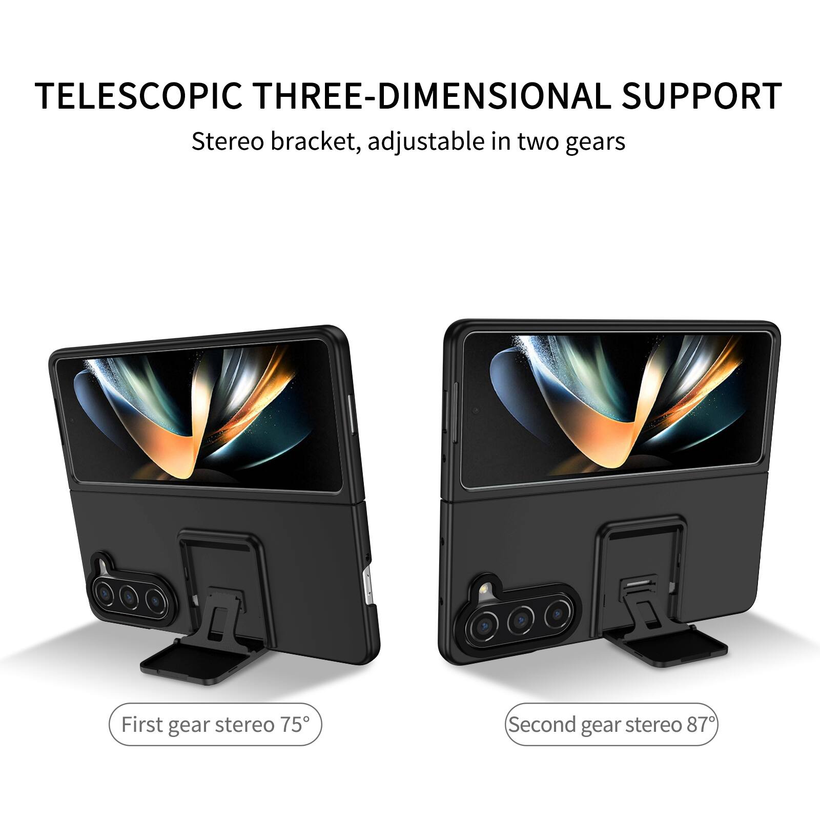 TELESCOPIC THREE-DIMENSIONAL SUPPORT  
Stereo bracket, adjustable in two gears  
First gear stereo 75°  
Second gear stereo 87°