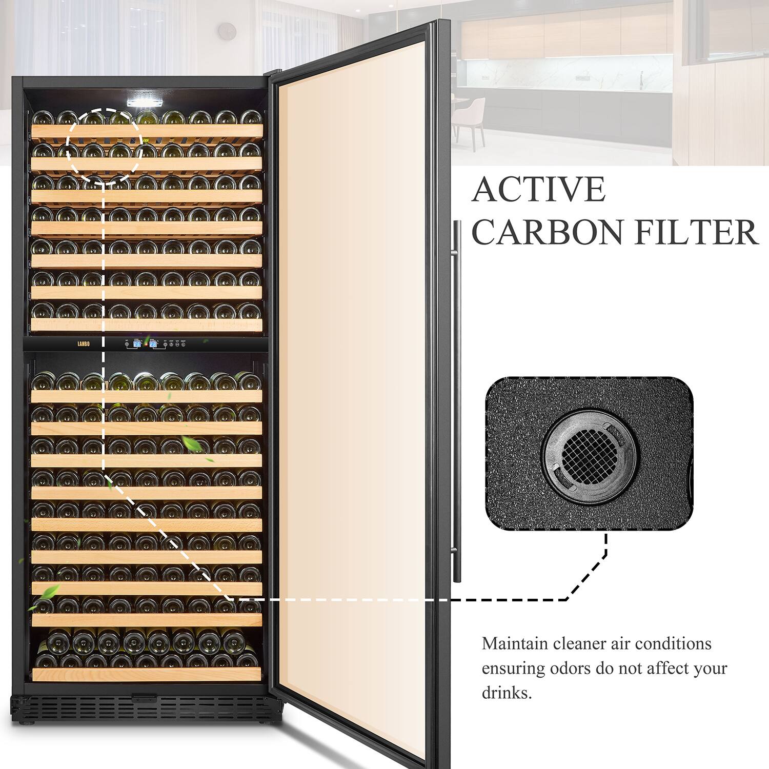 Alt View 22. Lanbo - 32 Inch 287 Bottle Dual Zone Wine Refrigerator with Ultra-Quiet Compressor Cooling and Double-Layer Tempered Glass Door - Black.