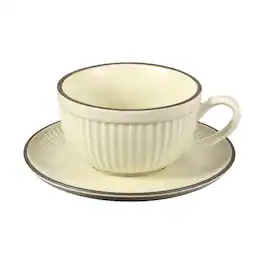 Unique Bargains - Handmade Vintage Espresso Cups, 9.5oz Stripe Coffee Cups & Saucers Ceramic Tea Cup w/Handle, Microwave Safe - Beige