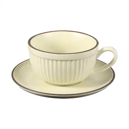 Front. Unique Bargains - Handmade Vintage Espresso Cups, 9.5oz Stripe Coffee Cups & Saucers Ceramic Tea Cup w/Handle, Microwave Safe - Beige.