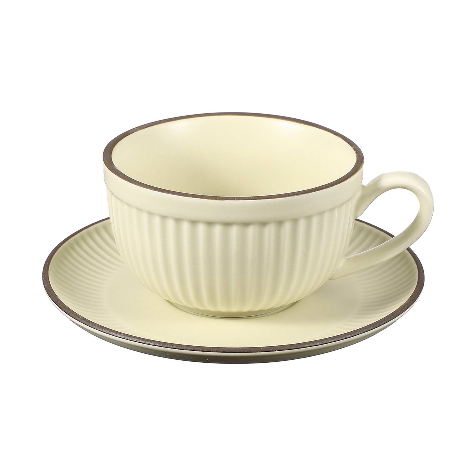 Front. Unique Bargains - Handmade Vintage Espresso Cups, 9.5oz Stripe Coffee Cups & Saucers Ceramic Tea Cup w/Handle, Microwave Safe - Beige.