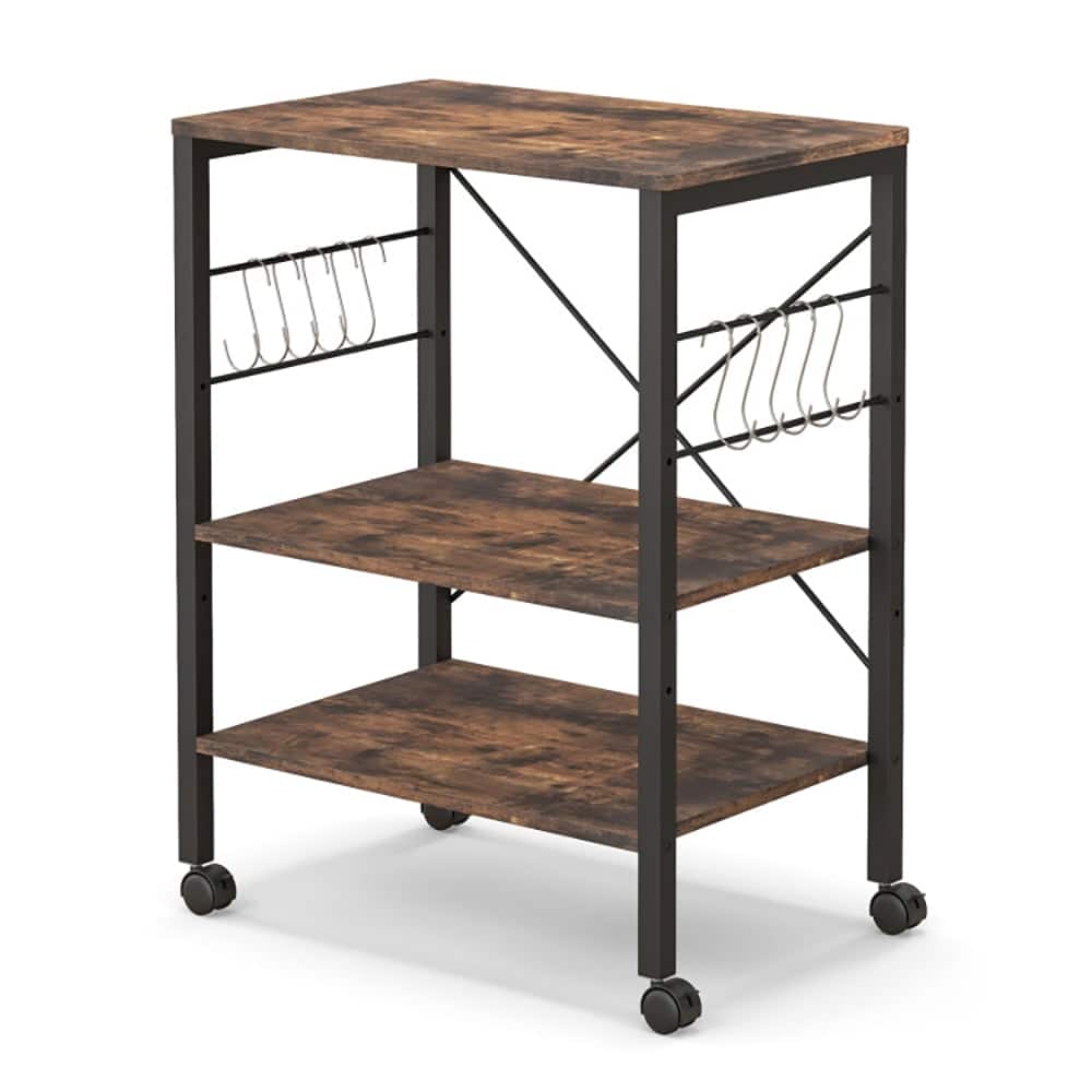 Kadyn - 3-Tier Kitchen Baker's Rack Microwave Oven Storage Cart with Hooks-Rustic Brown, Storage Rack Microwave Oven Stand - Brown