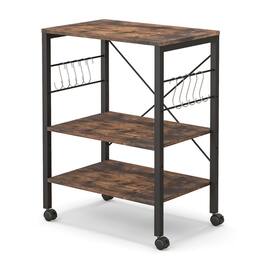 Kadyn - 3-Tier Kitchen Baker's Rack Microwave Oven Storage Cart with Hooks-Rustic Brown, Storage Rack Microwave Oven Stand - Brown