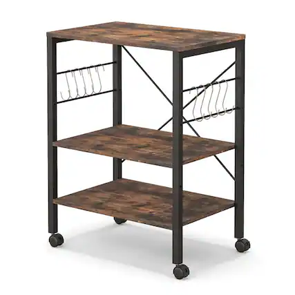 Front. Kadyn - 3-Tier Kitchen Baker's Rack Microwave Oven Storage Cart with Hooks-Rustic Brown, Storage Rack Microwave Oven Stand - Brown.