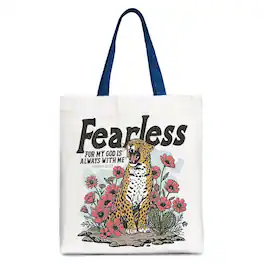 OrnamentallyYou - Floral Leopard Christian Canvas Tote Bag, Fearless For My God Is Always With Me Isaiah 41:12 - White Navy