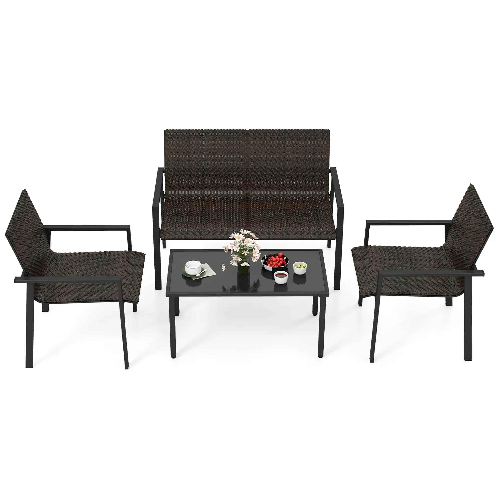 Alt View 1. Gymax - Gymax 4 PCS Patio Furniture Set Heavy Duty Galvanized Metal Frame Wicker Table Black - Black.