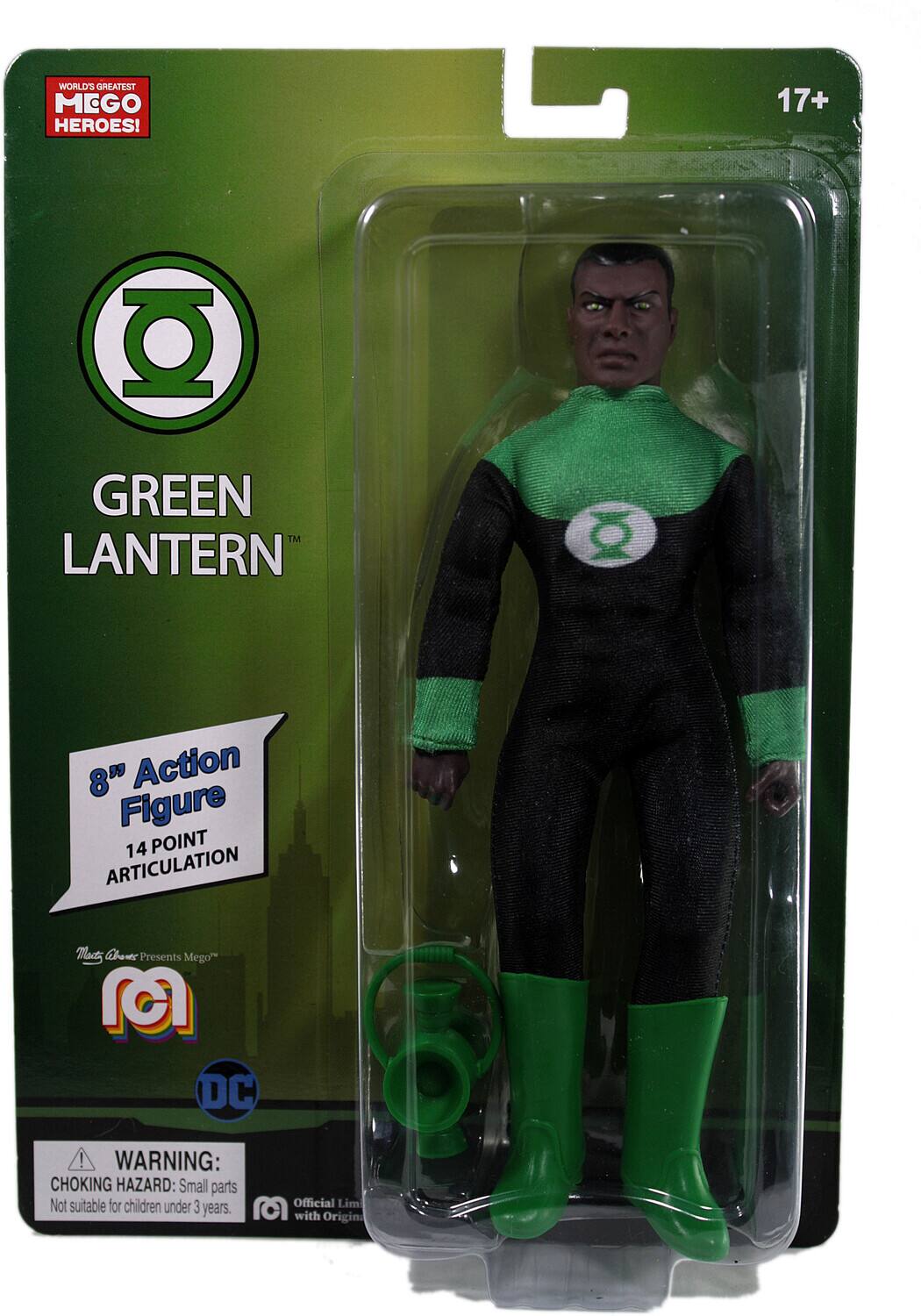 WORLD'S GREATEST MEGO HEROES!  
17+  
GREEN LANTERN  
8" Action Figure  
14 POINT ARTICULATION  
Mat Wbonts Presents Mego M DC  
WARNING: CHOKING HAZARD: Small parts Not suitable for children under 3  
Official Limited Edition