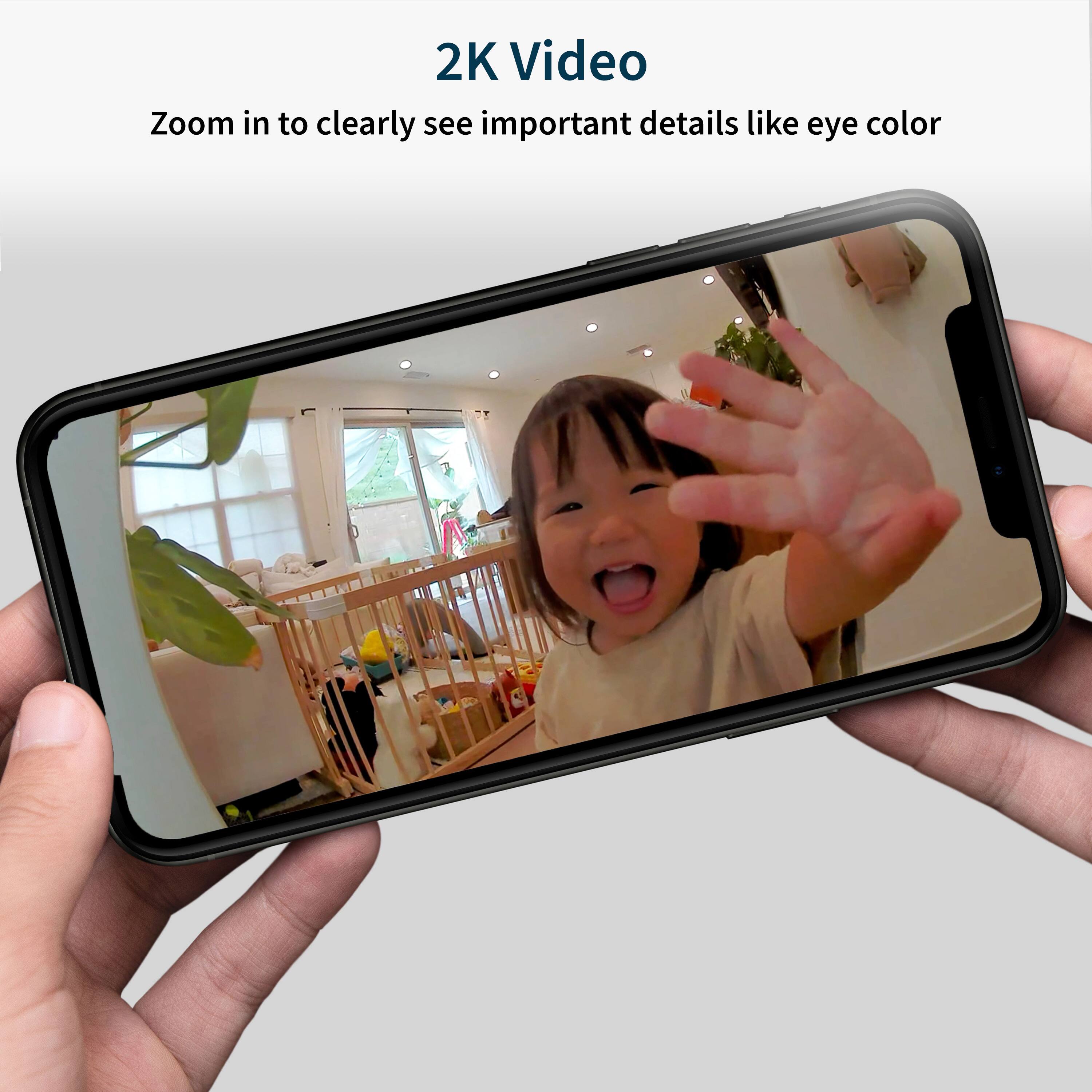The text on the image reads: "2K Video Zoom in to clearly see important details like eye color."