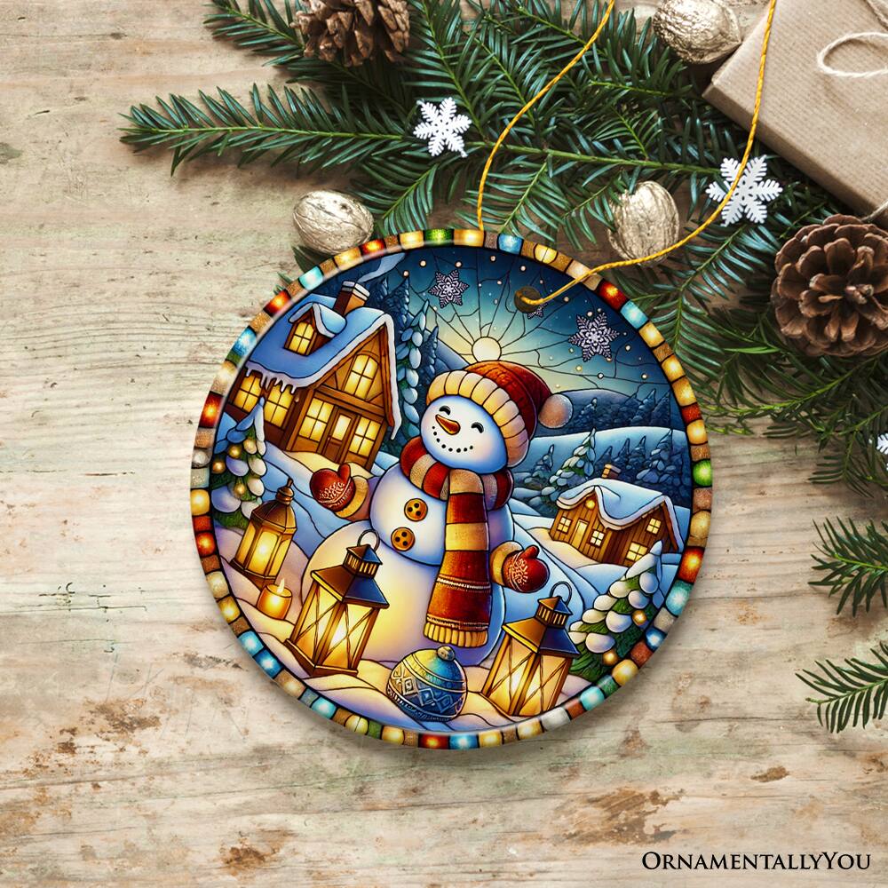 Back. OrnamentallyYou - Enchanting Snowman with Cozy Lantern in Winter Village Ceramic Ornament for Decor Version 1 - Multi-colored.