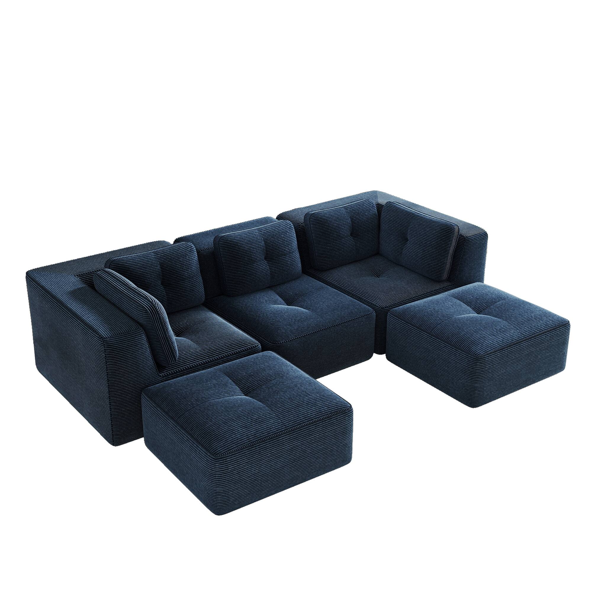 Alt View 1. LOVMOR - 3 Seater Corduroy Sectional Couch Modular Deep Seat Storage Ottoman No Assembly Compressed Pack Tufted For Den - Blue.