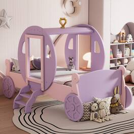 GOODSILO - Twin Size Princess Carriage Bed with Crown and Wood Platform Design Including Staircase - Pink