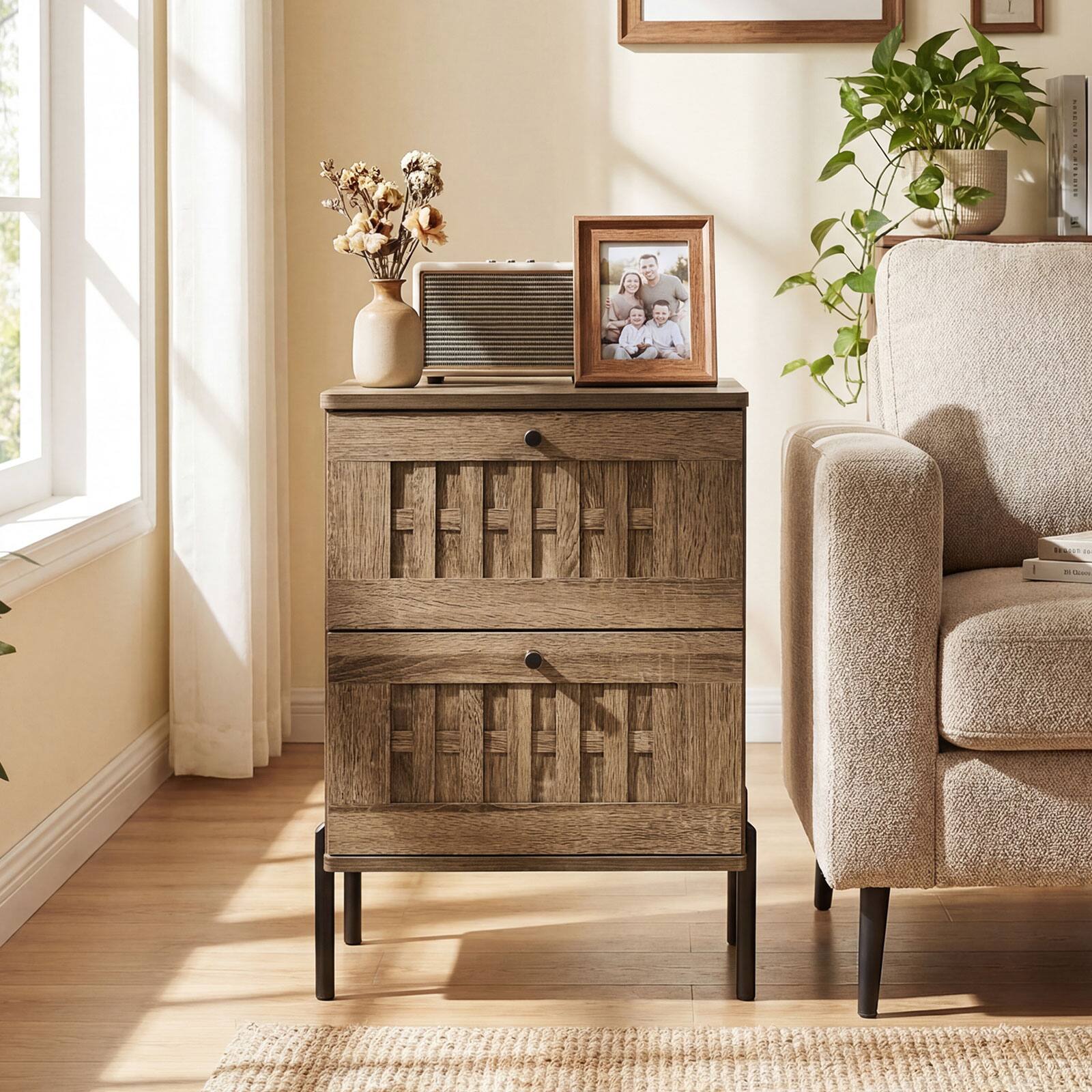 Alt View 4. Gymax - Gymax Nightstand w/2 Woven Storage Drawers Metal Support Legsfor BedroomRustic Oak - Yellow.