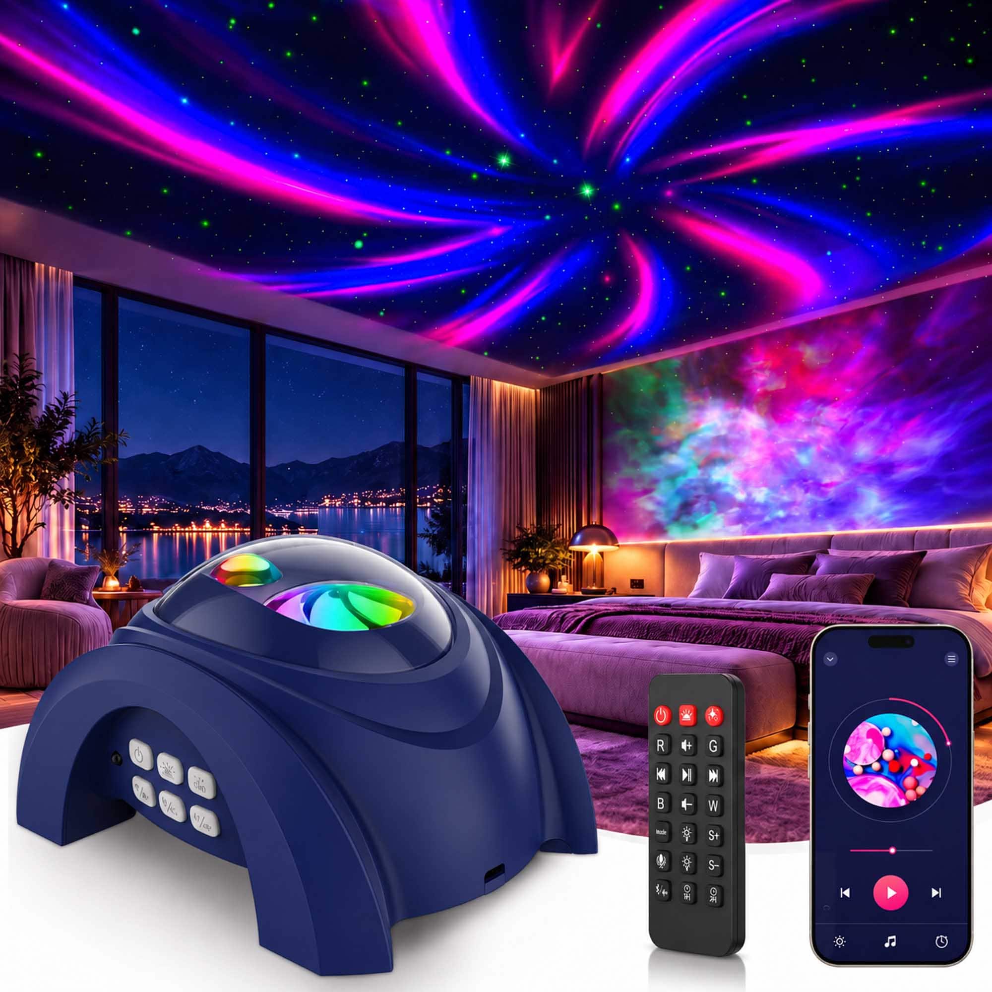 Rossetta - Dual Lens Galaxy Star Projector with Aurora Night Light, Bluetooth Speaker & White Noise Machine - Dark Blue