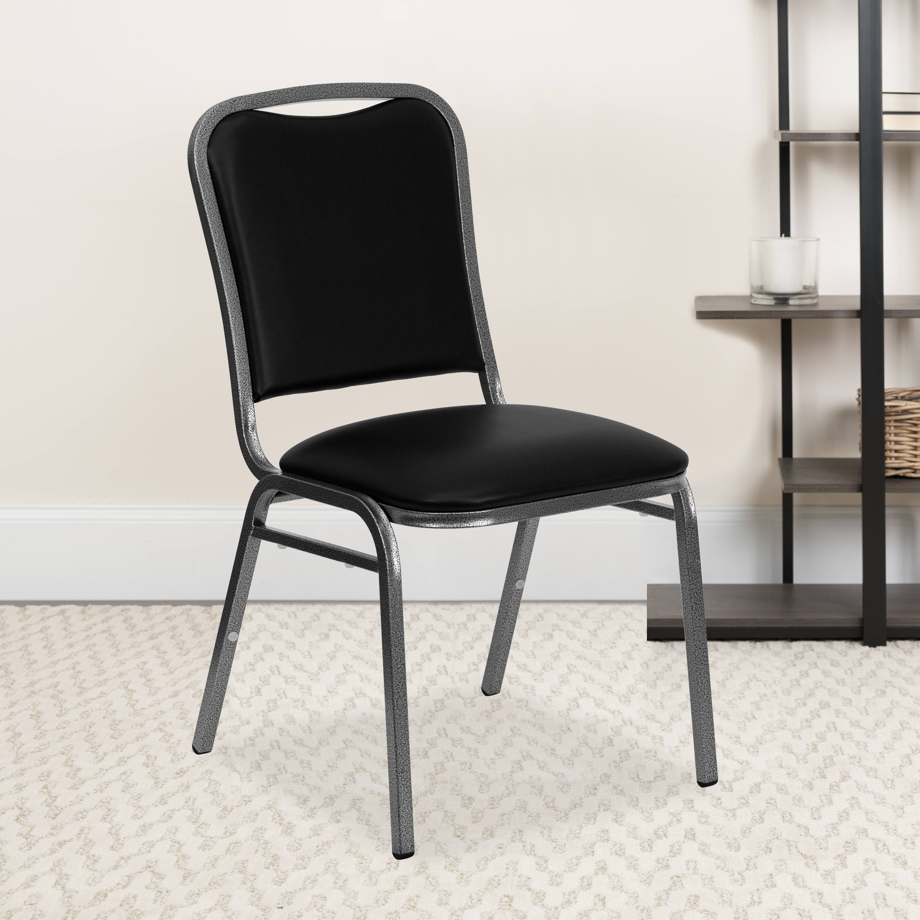 Alt View 2. Emma + Oliver - 4 Pack Stacking Banquet Chair with Vinyl and 1.5'' Thick Seat - Frame - Black Vinyl/Silver Vein Frame.