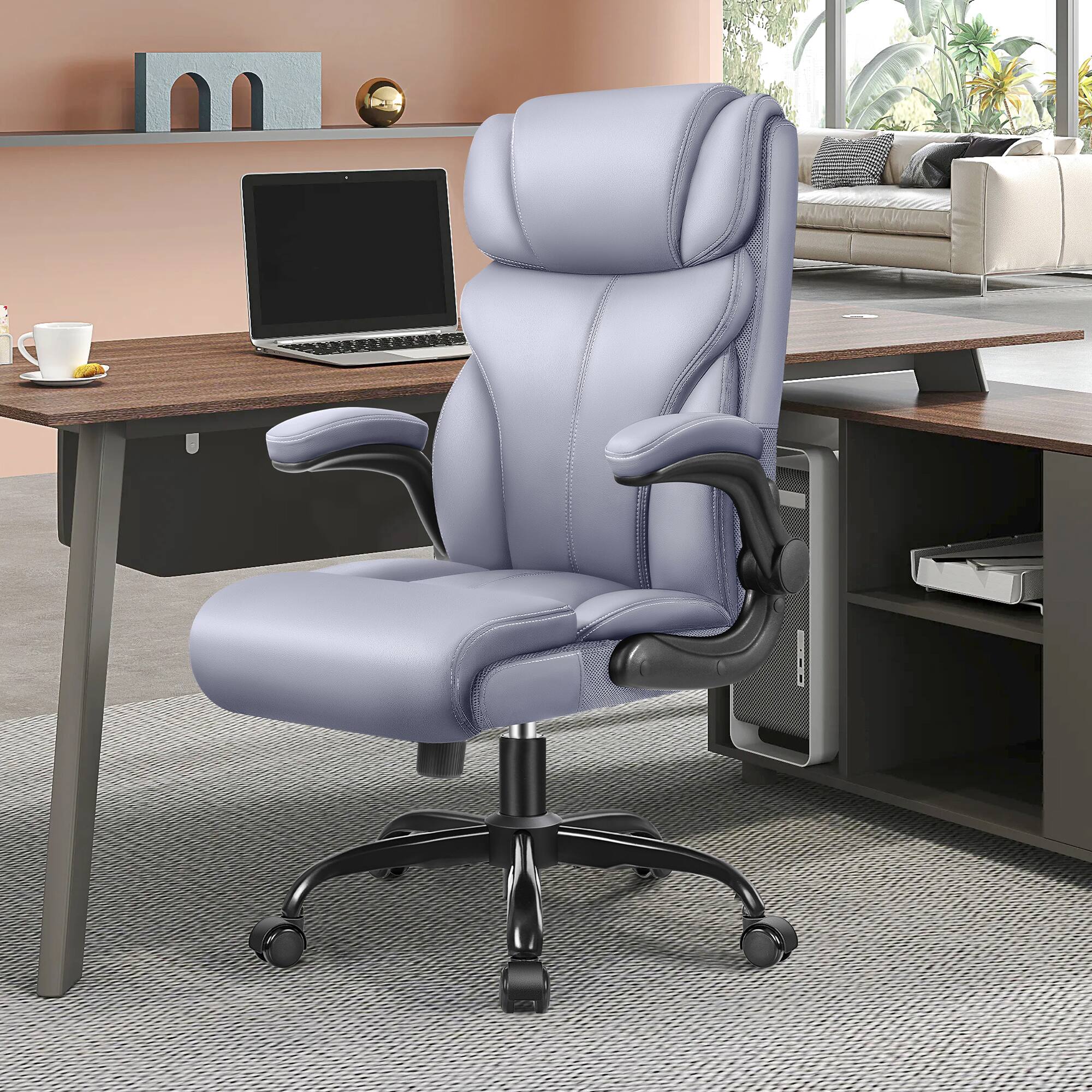 Front. Brick Attic - Office Chair, Ergonomic Computer Desk Chairs, Executive Leather Chair with Adjustable Flip-up Armrests, Rocking Function - Grey.