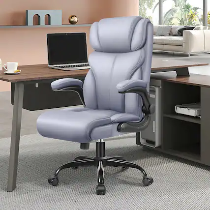 Front. Brick Attic - Office Chair, Ergonomic Computer Desk Chairs, Executive Leather Chair with Adjustable Flip-up Armrests, Rocking Function - Grey.
