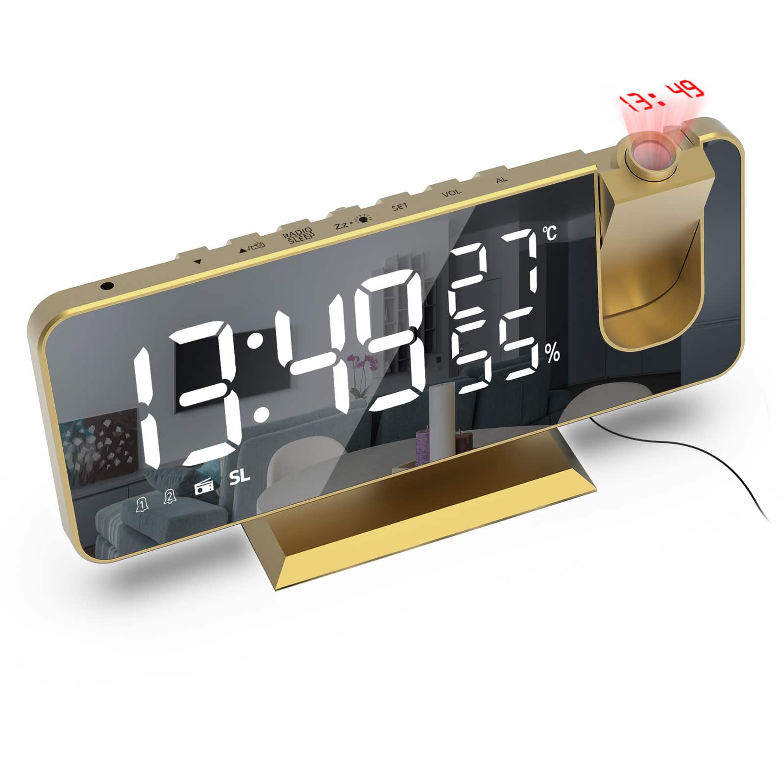 Auledio - Ceiling projection alarm clock, digital clock, temperature and humidity display, LED display, snooze function - Gold