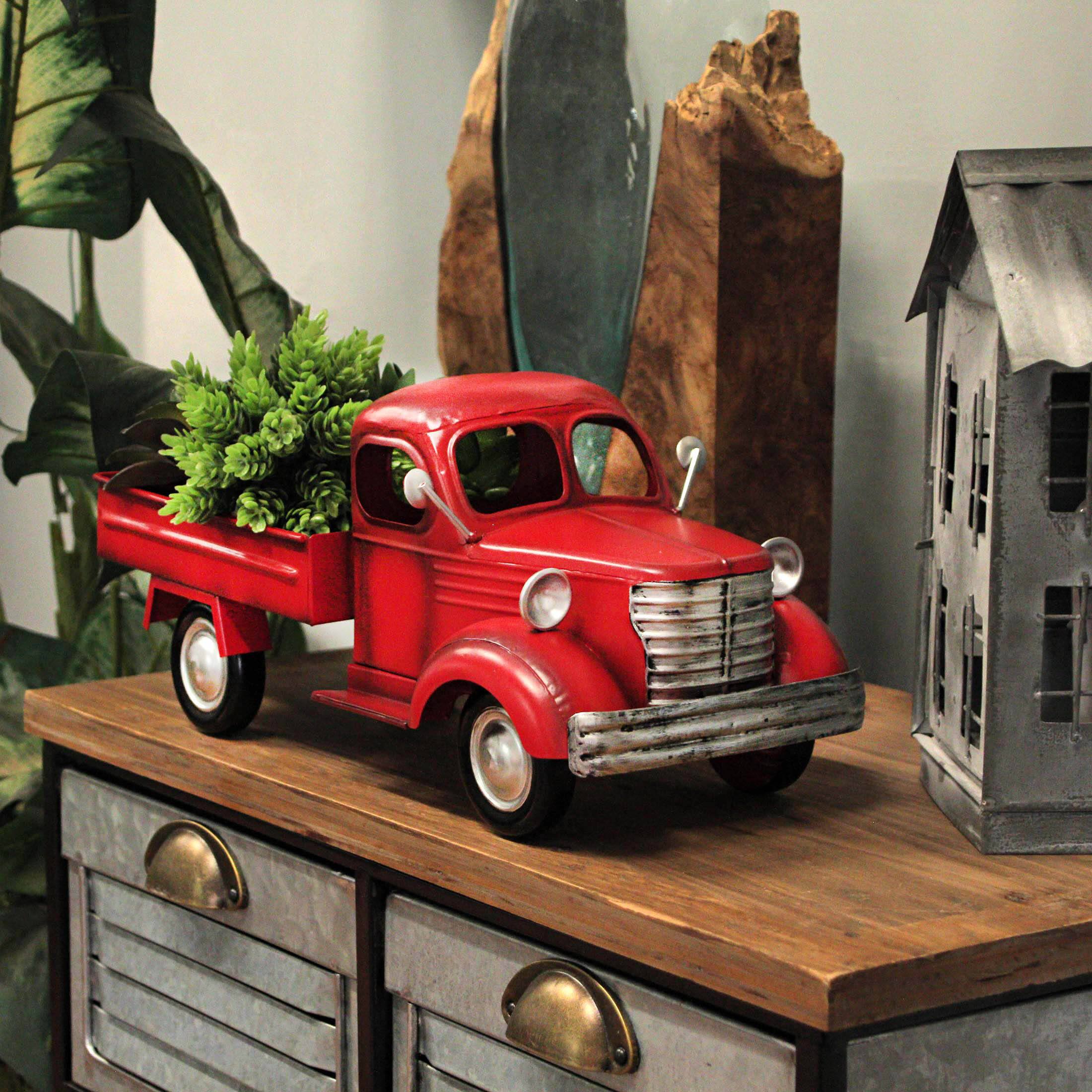 Alt View 3. Zeckos - Vintage Red Truck Metal Planter – Nostalgic Decor for Indoors & Outdoors - Red.