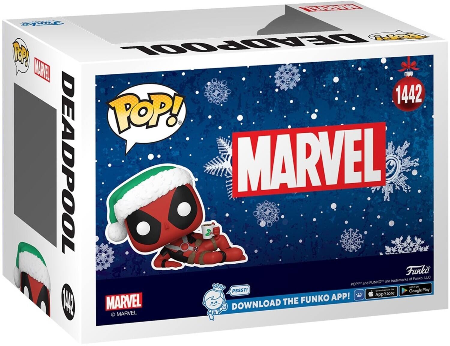 Sure, here is the corrected and grouped text from the image:

---

**Front:**

- POP! MARVEL
- DEADPOOL
- 1442
- MARVEL
- © MARVEL
- PSSST! DOWNLOAD THE FUNKO APP!
- App Store
- Google Play
- POP! and FUNKO are trademarks of Funko, LLC

**Side:**

- POP! MARVEL
- DEADPOOL
- 1442

**Top:**

- DEADPOOL

**Bottom:**

- PSSST! DOWNLOAD THE FUNKO APP!
- App Store
- Google Play
- POP! and FUNKO are trademarks of Funko, LLC

---