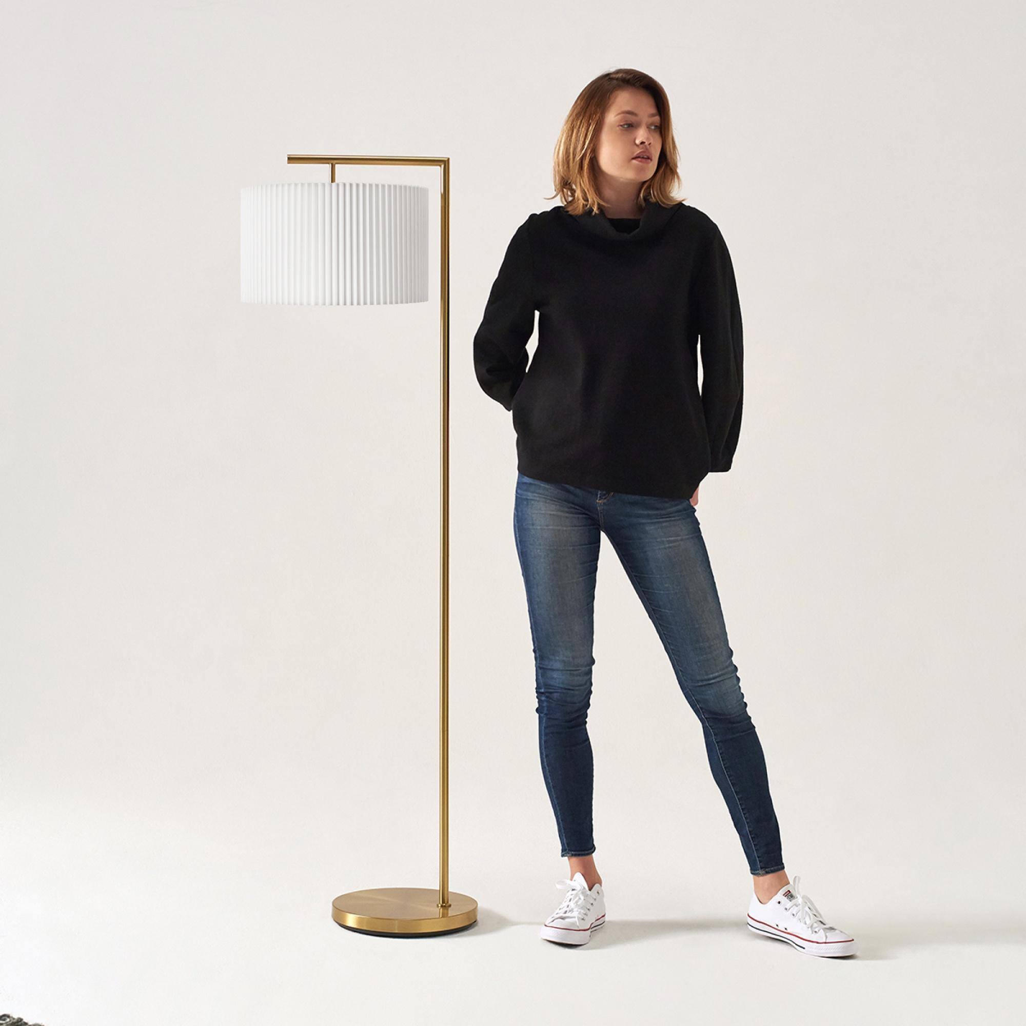 Alt View 1. Brightech - Montage Modern LED Midcentury Modern Arc Super Bright Floor Lamp with White Fabric Drum Shade - Antiqued Brass.