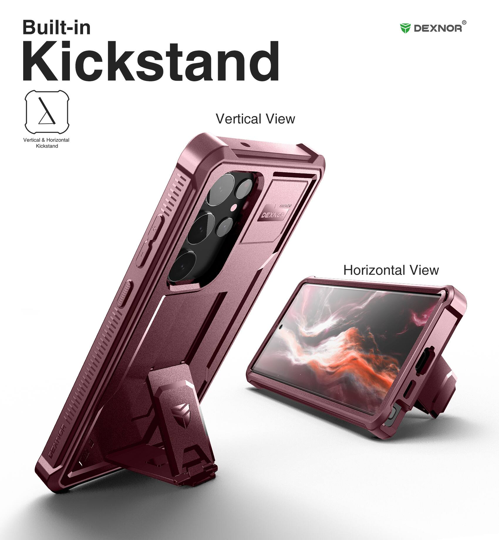 Built-in Kickstand, Vertical View, Horizontal View, DEXNOR