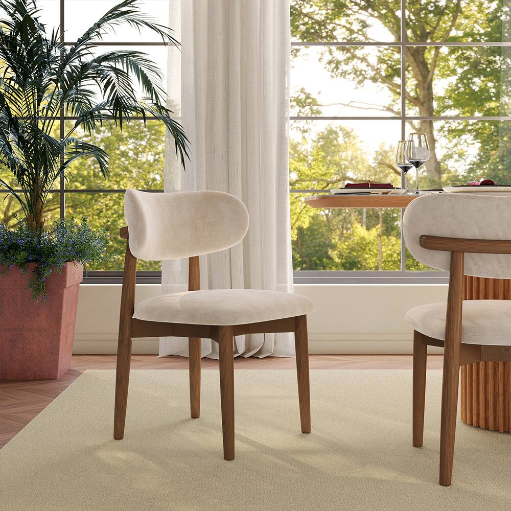 Back. POVISON - Mid-Century Modern Wood Dining Chairs Set of 2（Cotton Linen，Beige & Walnut） - Beige & Walnut.