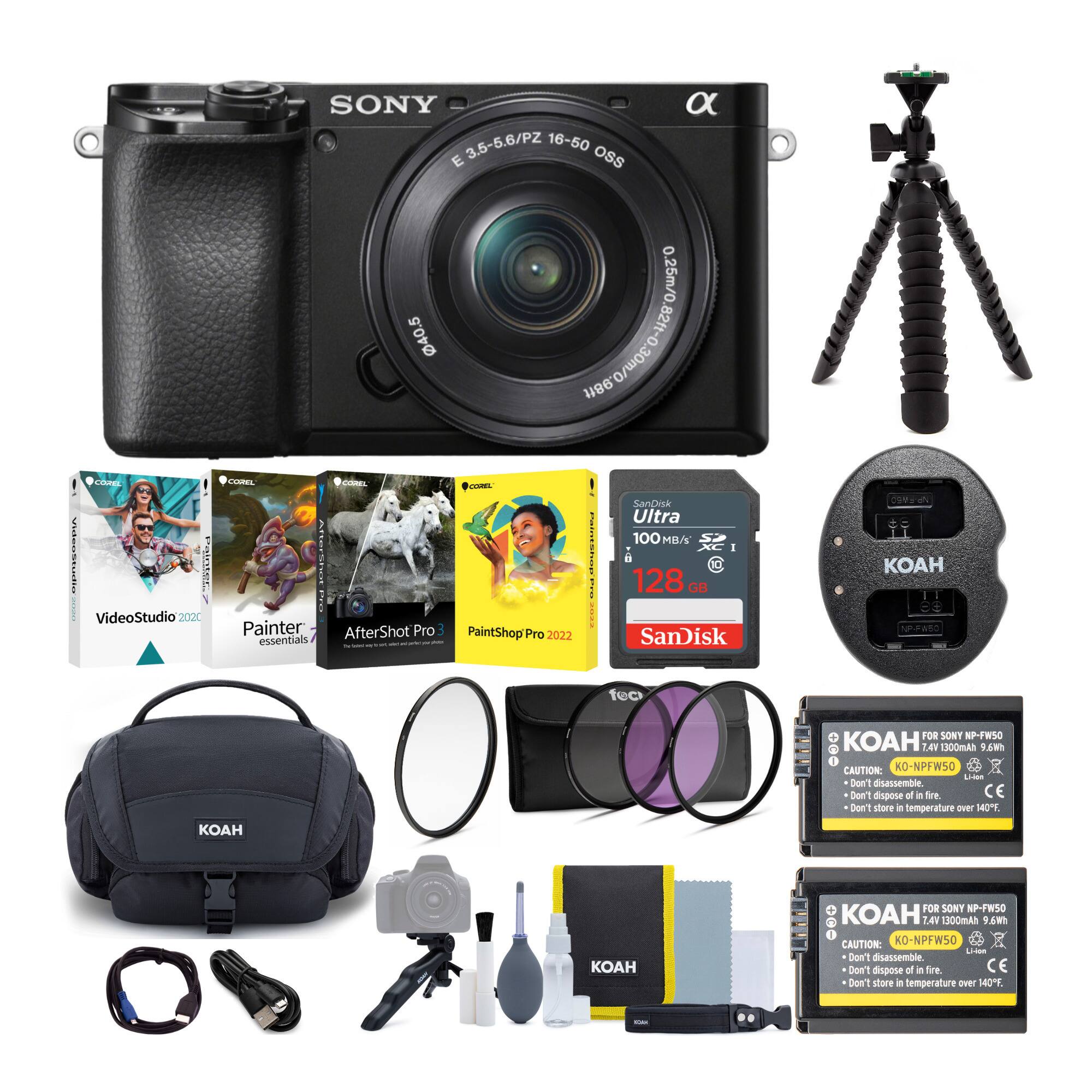 SONY E 3.5-5.6/PZ 16-50 OSS  
40.5mm  
0.25m/0.82ft  
30m/98ft  

VideoStudio 2022  
Painter essentials  
AfterShot Pro essentials  
PaintShop Pro 2022  

SanDisk Ultra 100MB/s 128GB  

KOAH FOR SONY NP-FW50  
7.4V 1300mAh 6Wh  
CAUTION: KO-NPFW50  
Don't disassemble  
Don't dispose of in fire  
Don't store in temperature over 140°F  

KOAH FOR SONY NP-FW50  
7.4V 1300mAh 6Wh  
CAUTION: KO-NPFW50  
Don't disassemble  
Don't dispose of in fire  
Don't store in temperature over 140°F  

KOAH FOR SONY NP-FW50  
7.4V 1300mAh 6Wh  
CAUTION: KO-NPFW50  
Don't disassemble  
Don't dispose of in fire  
Don't store in