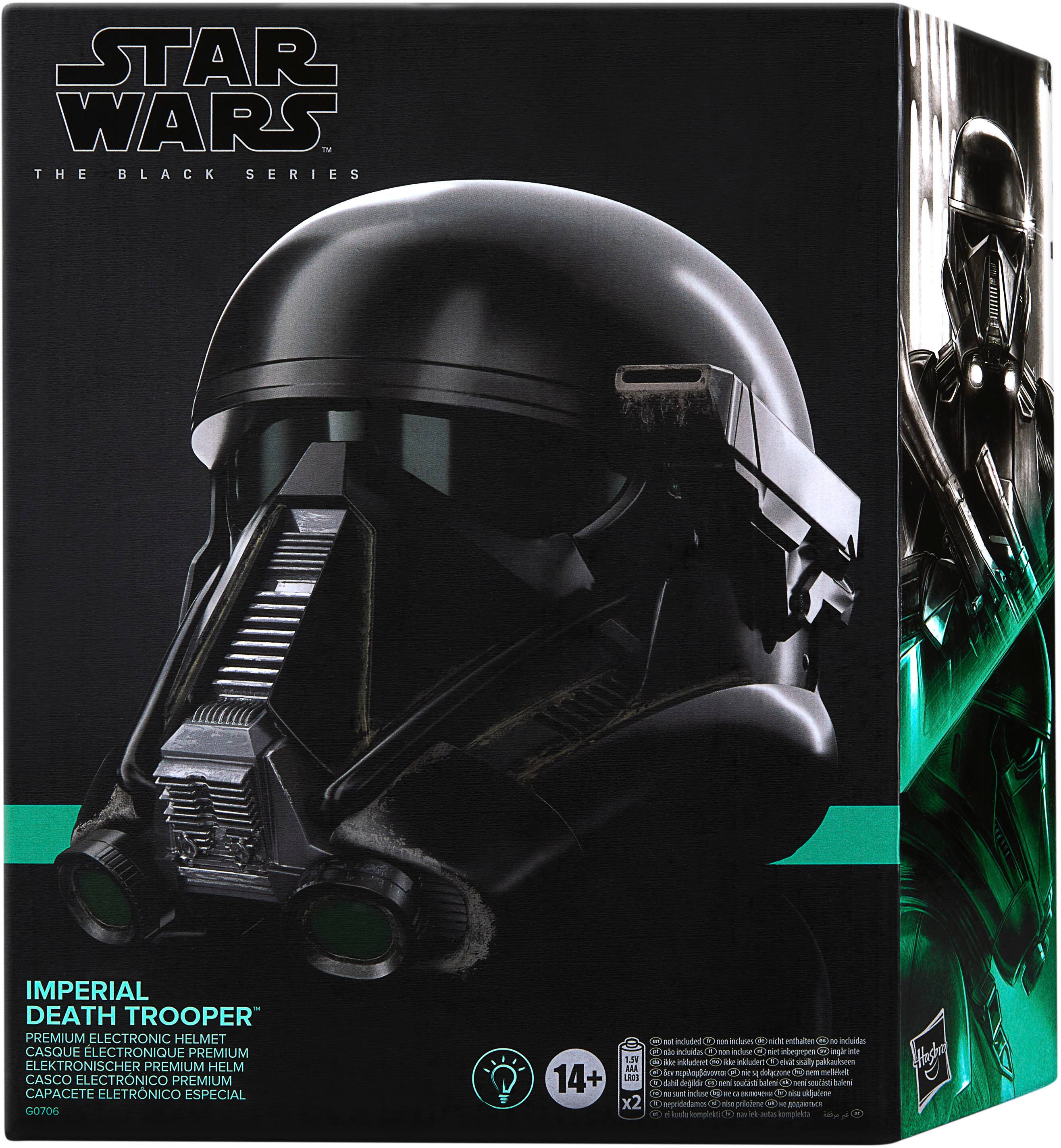 The image features a box containing a Star Wars Imperial Death Trooper Premium Electronic Helmet. The helmet is designed to resemble the iconic character from the Star Wars universe. The box is green and white, and it is likely meant for display or storage. The helmet itself is a special edition, and it is made with high-quality materials to ensure durability and authenticity. The box also includes a certificate of authenticity, which adds to the value of the collectible item.