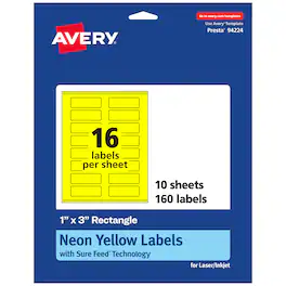 Avery - Printable Rectangle Labels, Neon 1" x 3", 160ct - Yellow
