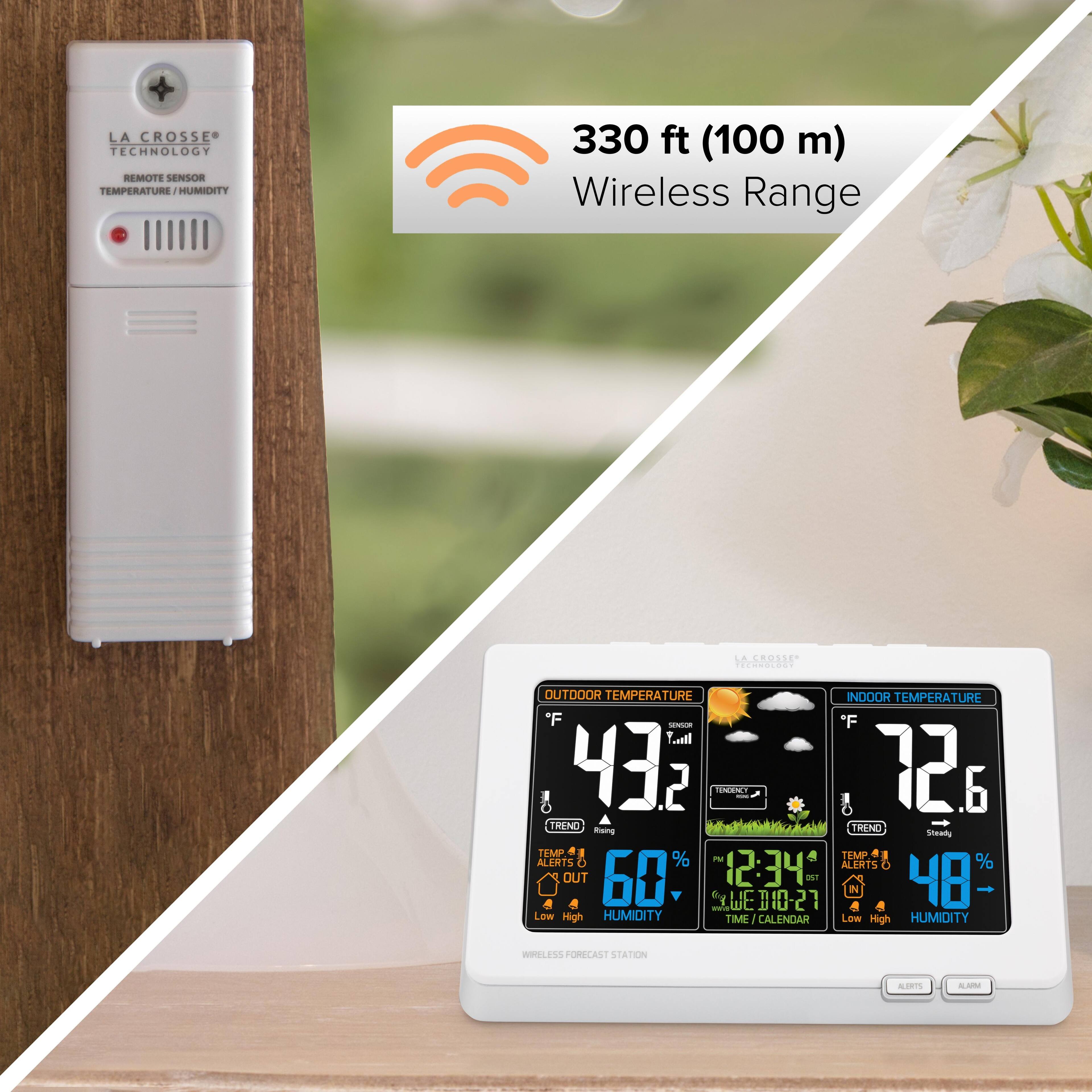 LA CROSSE TECHNOLOGY  
REMOTE SENSOR  
TEMPERATURE / HUMIDITY  

330 ft (100 m) Wireless Range  

OUTDOOR TEMPERATURE  
°F 43.2  
SENSOR  
TRENDING  
60% HUMIDITY  
ALERTS OUT  
LOW HIGH  
TIME / CALENDAR  
WED 10-27  

INDOOR TEMPERATURE  
°F 72.6  
SENSOR  
TRENDING  
48% HUMIDITY  
ALERTS OUT  
LOW HIGH  

WEATHER FORECAST STATION  
ALERTS  
ALARM