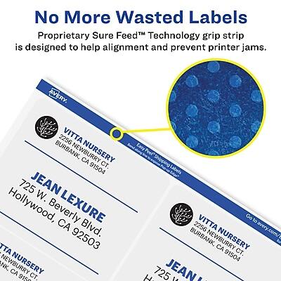 No More Wasted Labels  
Proprietary Sure Feed™ Technology grip strip is designed to help alignment and prevent printer jams.

AVERY 2256  
VITTA NURSERY  
2256 NE BURBANK CT.  
BURBANK, CA 91504  

JEAN LEXURE  
725 JEAN W. HOLLYWOOD, BEVERLY BLVD.  
HOLLYWOOD, CA 92503  

Easy Shipping Labels  
Go to avery.com/2256  
VITTA NURSERY  
BURBANK, CA 91504