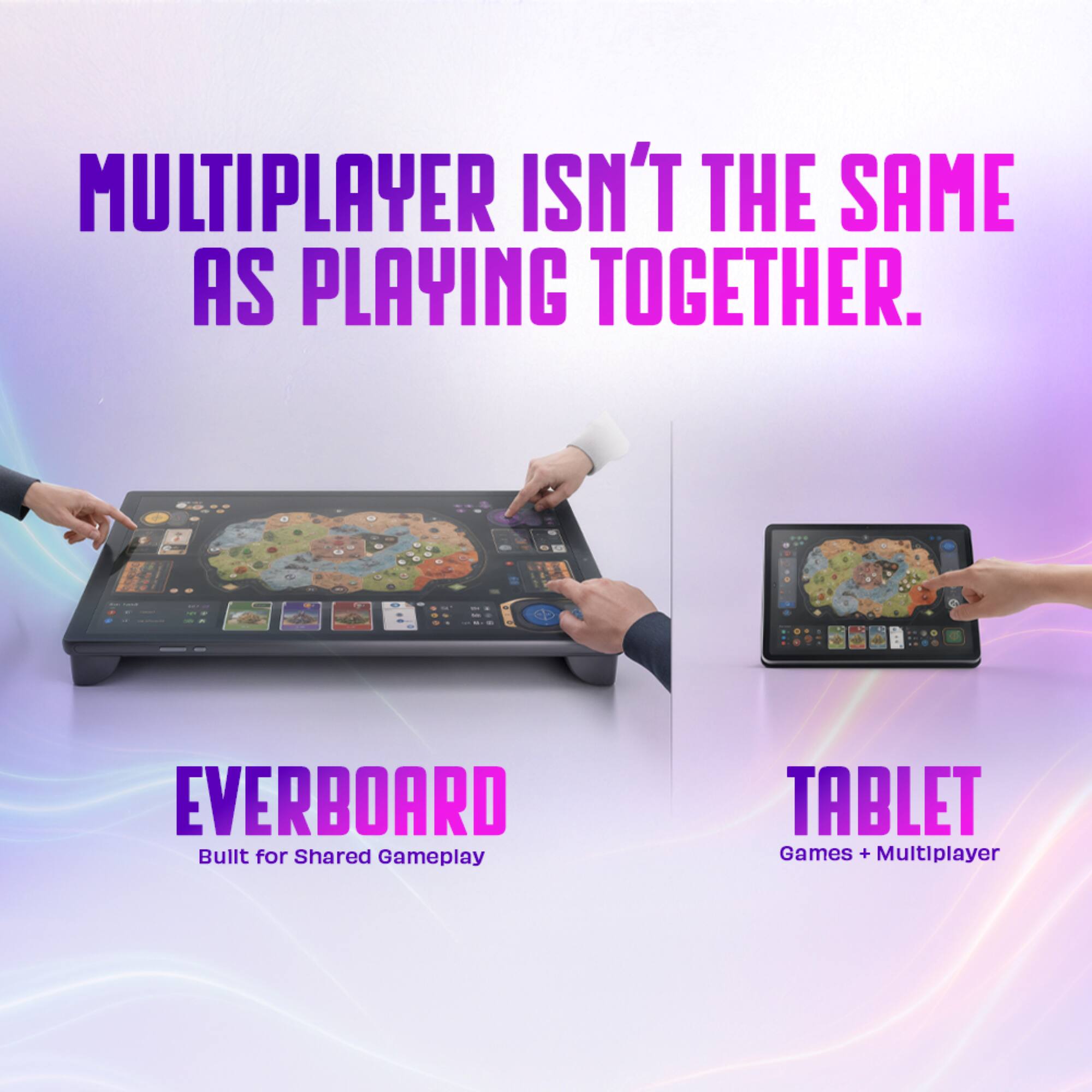 MULTIPLAYER ISN'T THE SAME AS PLAYING TOGETHER.

EVERBOARD
Built for Shared Gameplay

TABLET
Games + Multiplayer