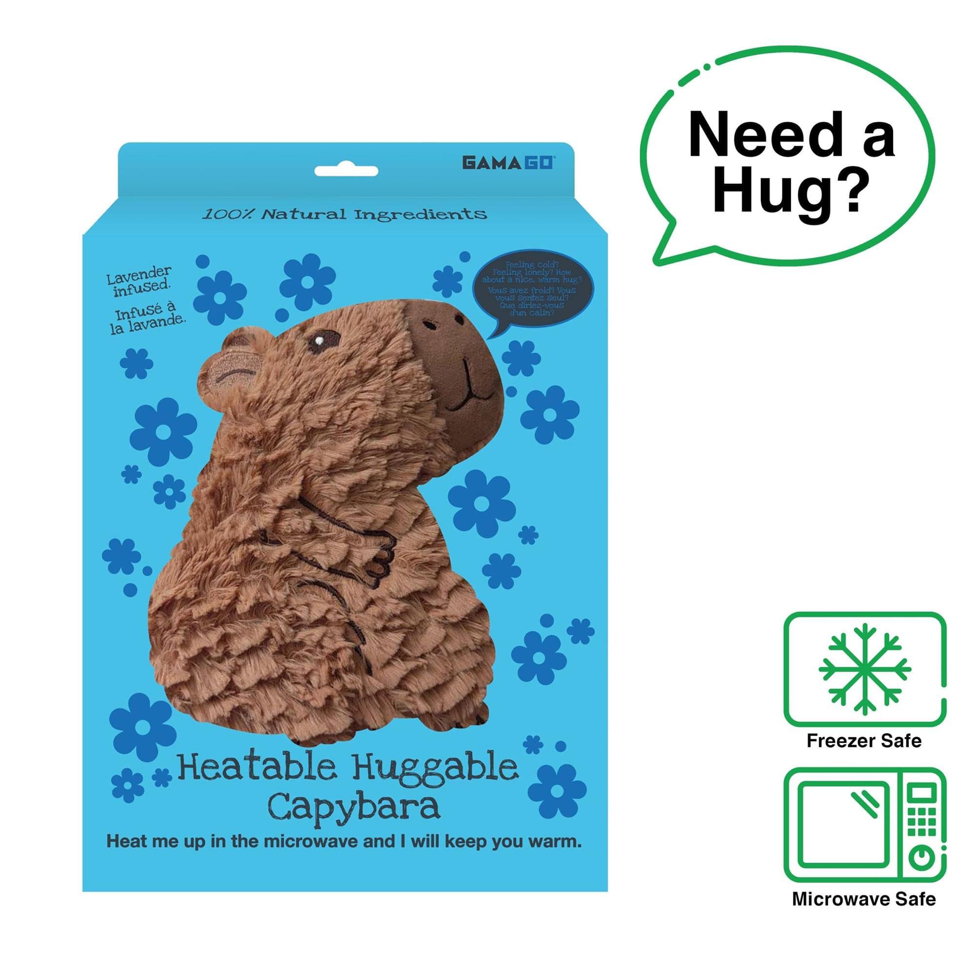 GAMAGO  
100% Natural Ingredients  
Lavender Infused  
Infuse à la lavande  

Need a Hug?  
Heatable Huggable Capybara  
Heat me up in the microwave and I will keep you warm.  

Freezer Safe  
Microwave Safe