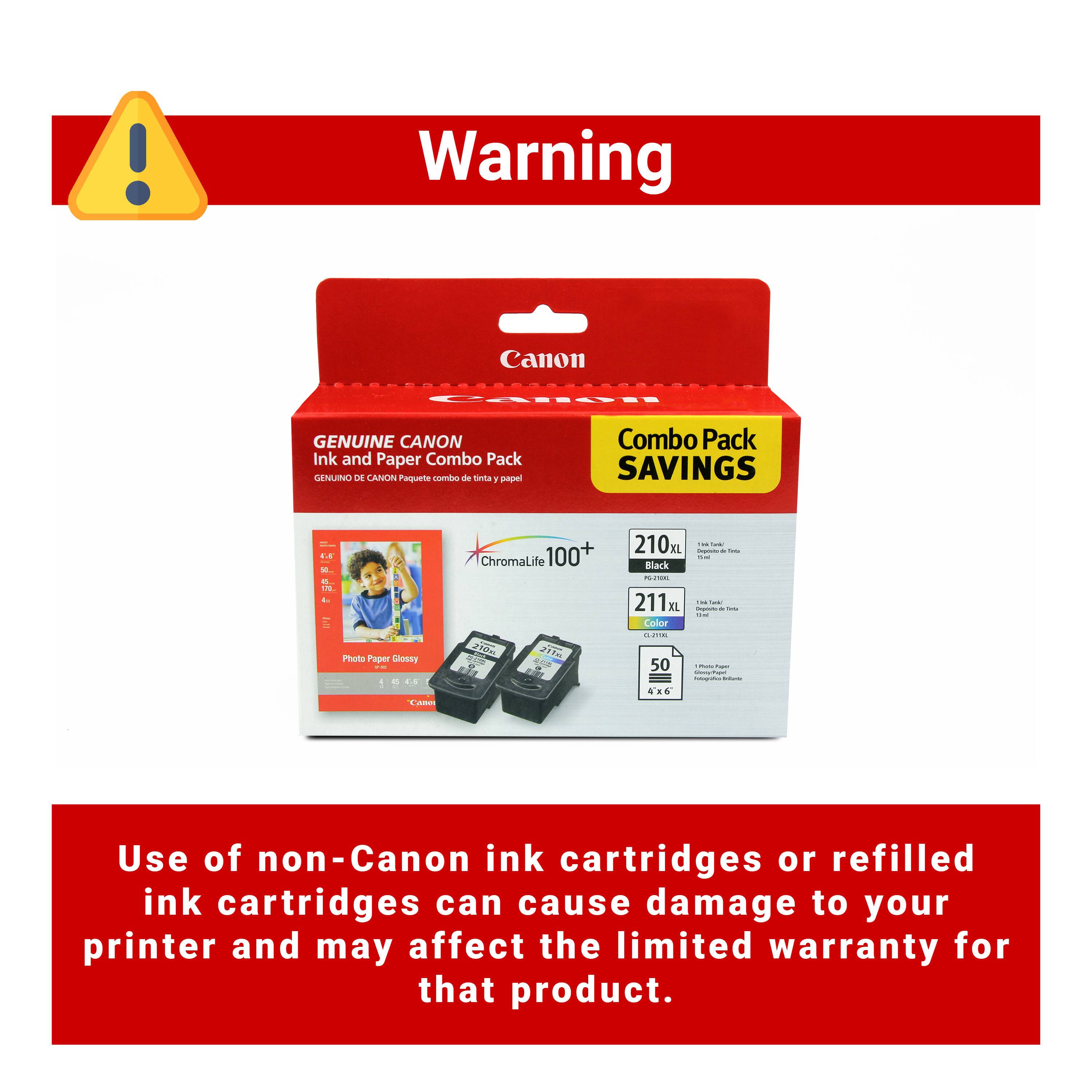 Warning: Use of non-Canon ink cartridges or refilled ink cartridges can cause damage to your printer and may affect the limited warranty for that product.
