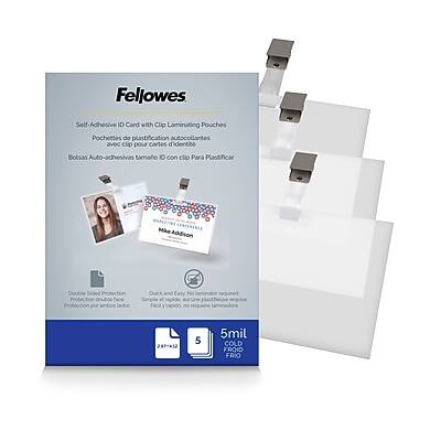 Fellowes  
Self-Adhesive ID Card with Clip Laminating Pouches  
Pochettes de plastification autocollantes avec clip pour cartes d'identité  
Bolsas Auto-adhesivas tamaño 10 con clip para plastificar  

Double Sided Protection  
Protection par les deux côtés  
Protección por ambos lados  

Quick and Easy No Laminator Required  
Tacky resealable, no laminador requerido  

5 pouches  
5 bolsas  
5 pochettes  

5 mil  
COLD FROID FRIO  

MAE Addison Double Sided Protection  
Double Sided Protection