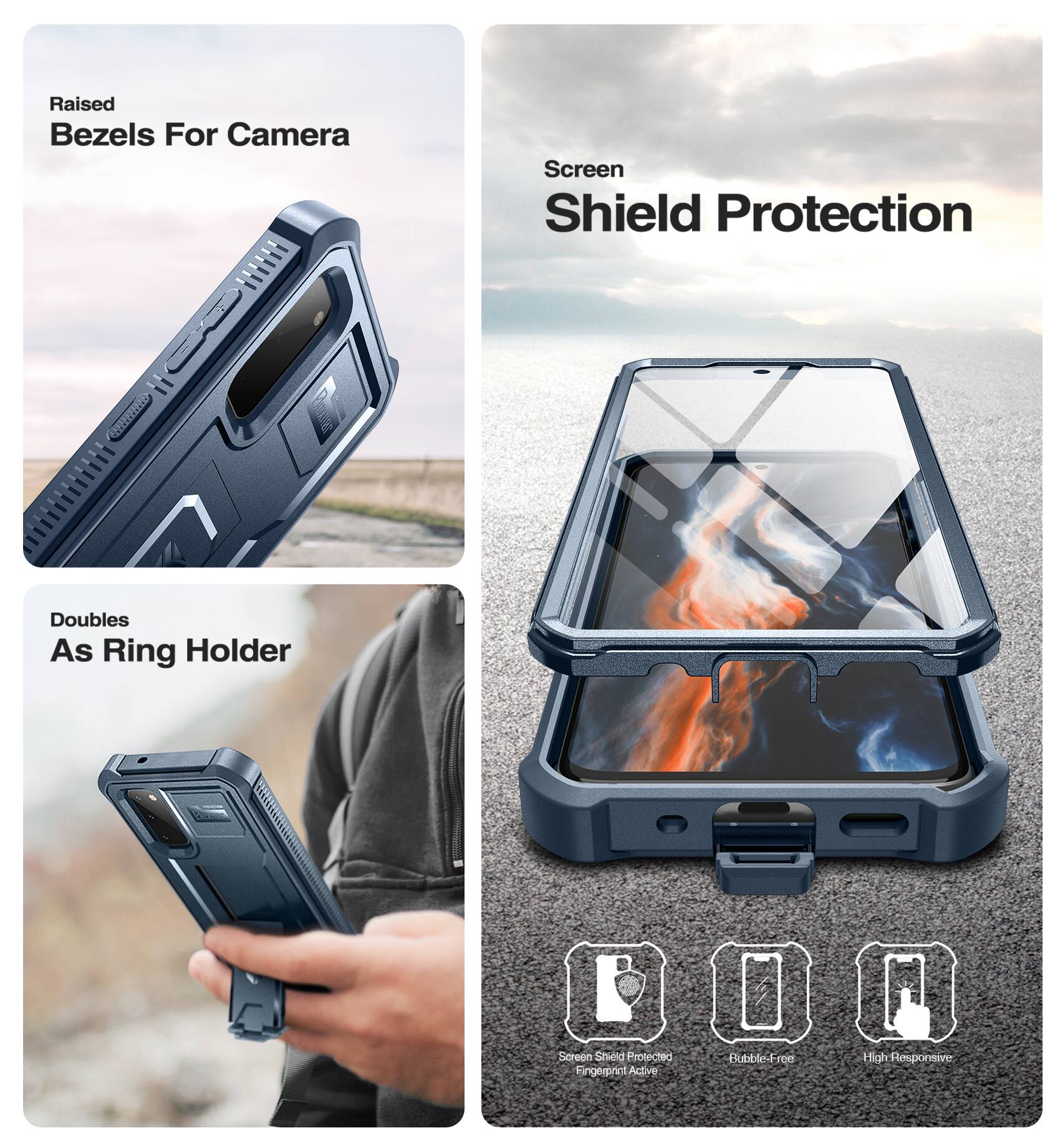 Raised Bezels For Camera  
Screen Shield Protection  
Doubles As Ring Holder  

Screen Shield Protected  
Fingerprint Active  
Bubble-Free  
High Responsive