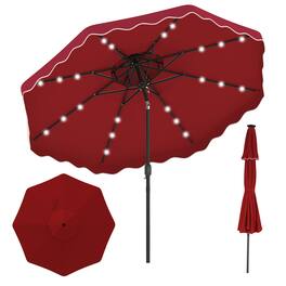 Costway - 10 FT Solar LED Patio Umbrella, Push-Button Tilt & Crank, 24 LED Lights & 8 Ribs - Red
