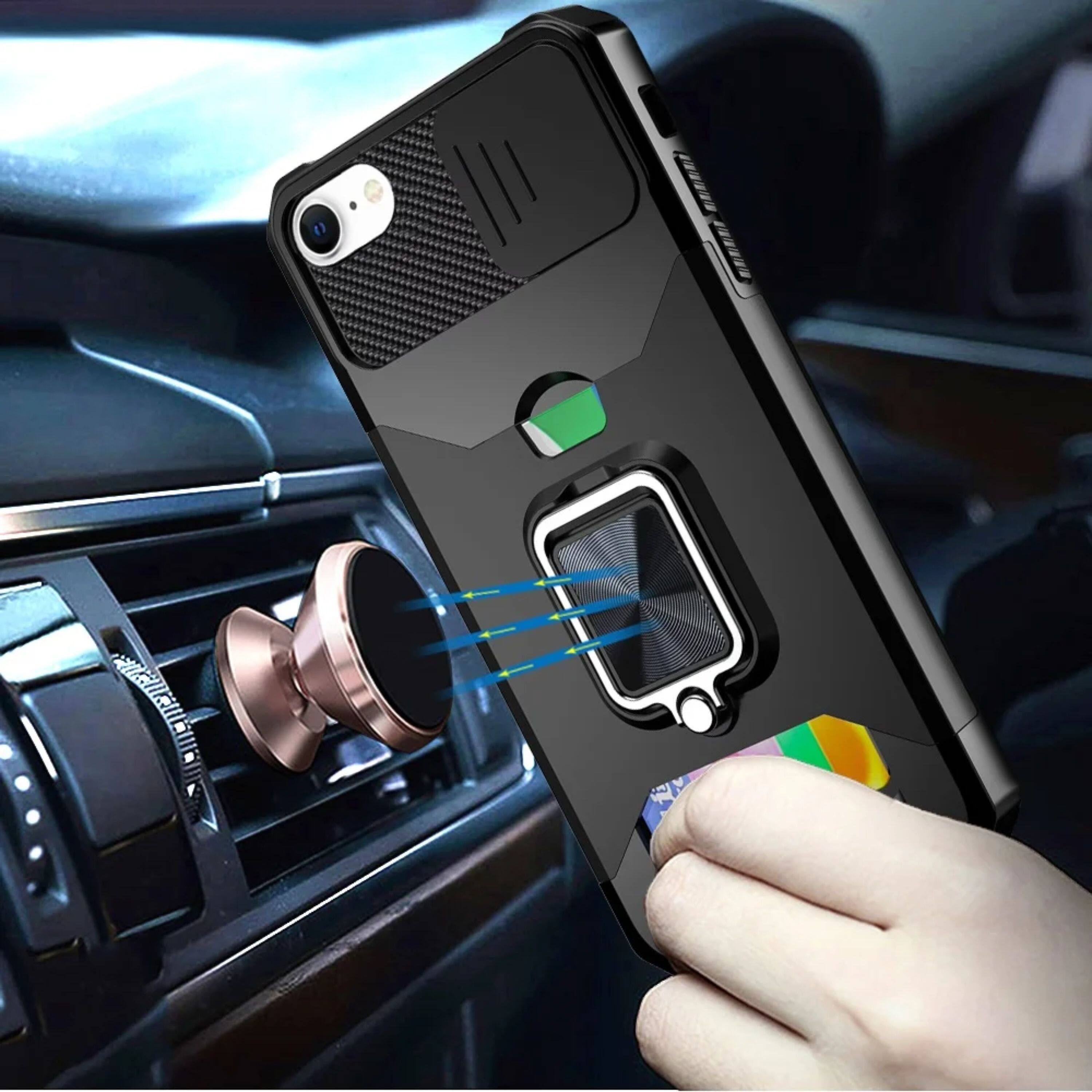 Angle. Kitcheniva - Rugged Multi-Use Card Magnetic Ring Stand Cover Phone Case With Tempered Glass For iPhone 16e/17e Black - Black.