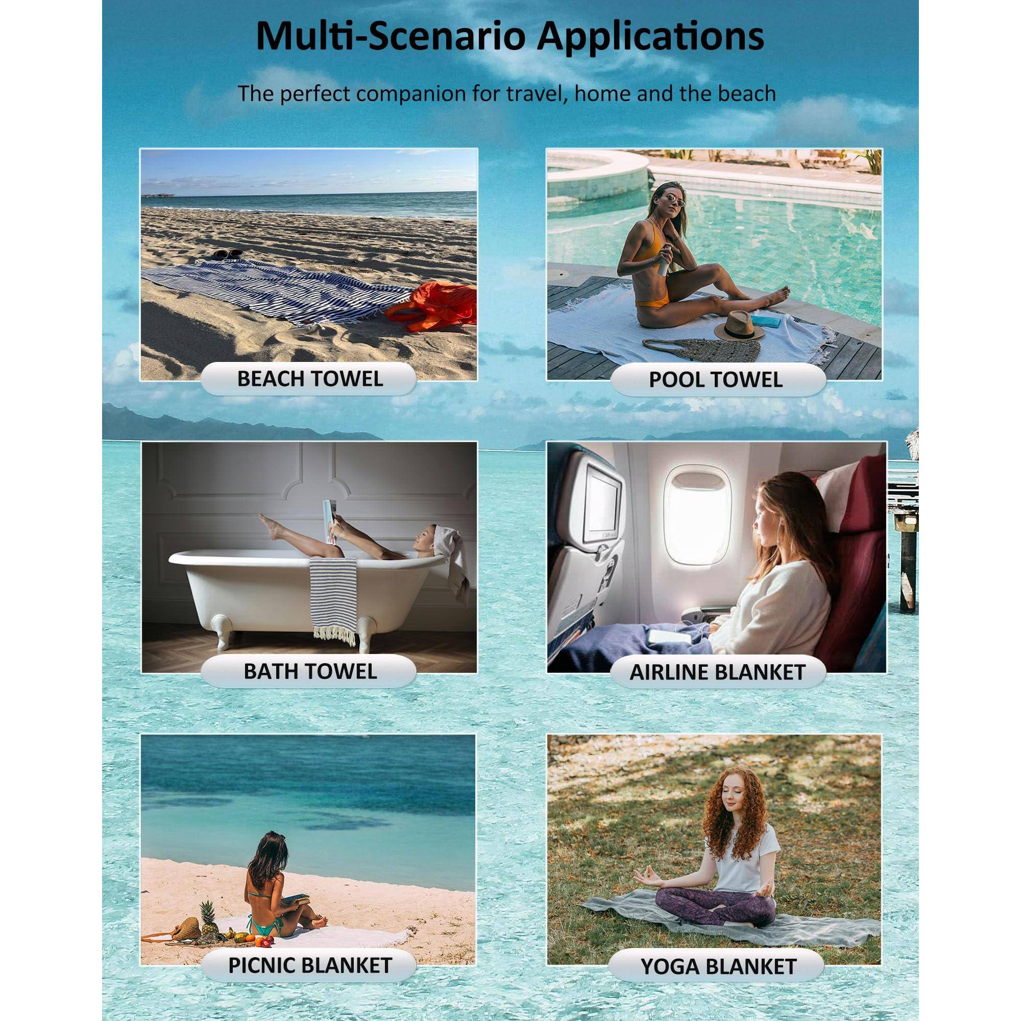 Multi-Scenario Applications  
The perfect companion for travel, home and the beach  

BEACH TOWEL  
POOL TOWEL  
BATH TOWEL  
AIRLINE BLANKET  
PICNIC BLANKET  
YOGA BLANKET